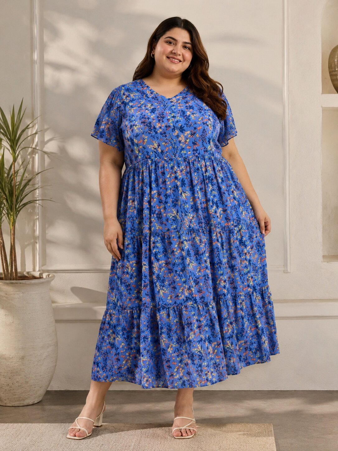U&F Beyond Plus Size Georgette Blue Floral Printed Tiered Midi Dress