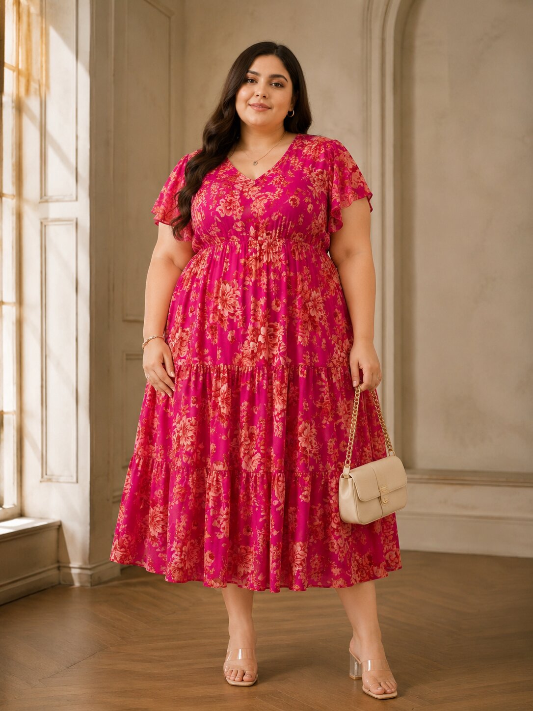 U&F Beyond Plus Size Georgette Pink Floral Printed Tiered Midi Dress