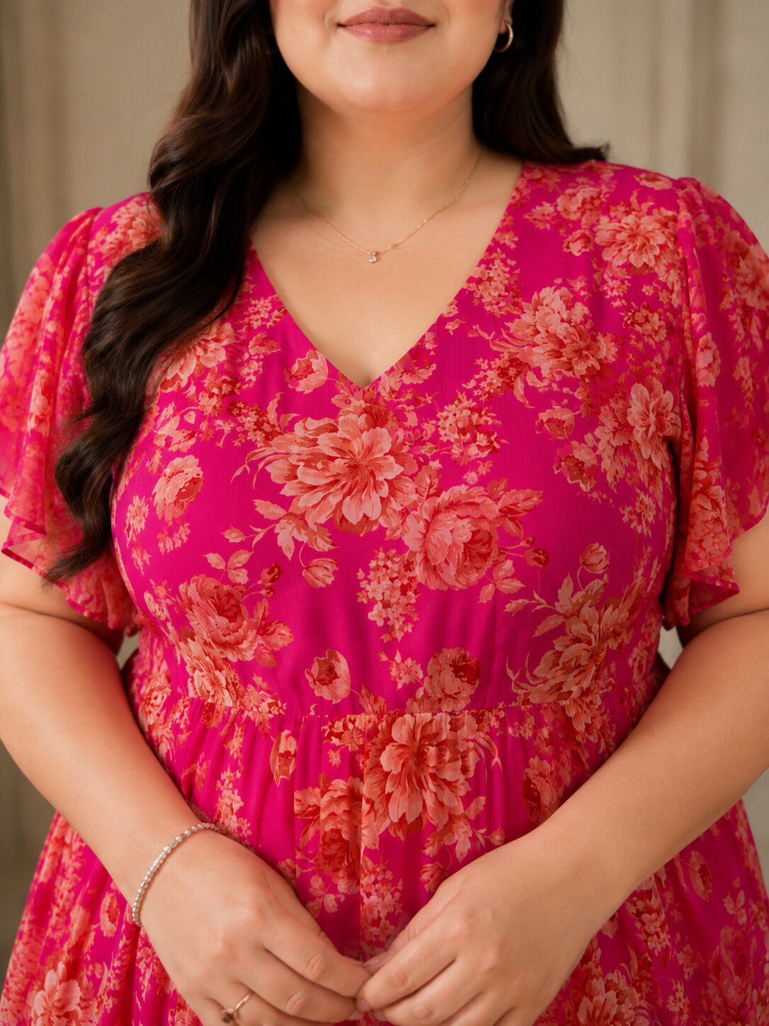 U&F Beyond Plus Size Georgette Pink Floral Printed Tiered Midi Dress