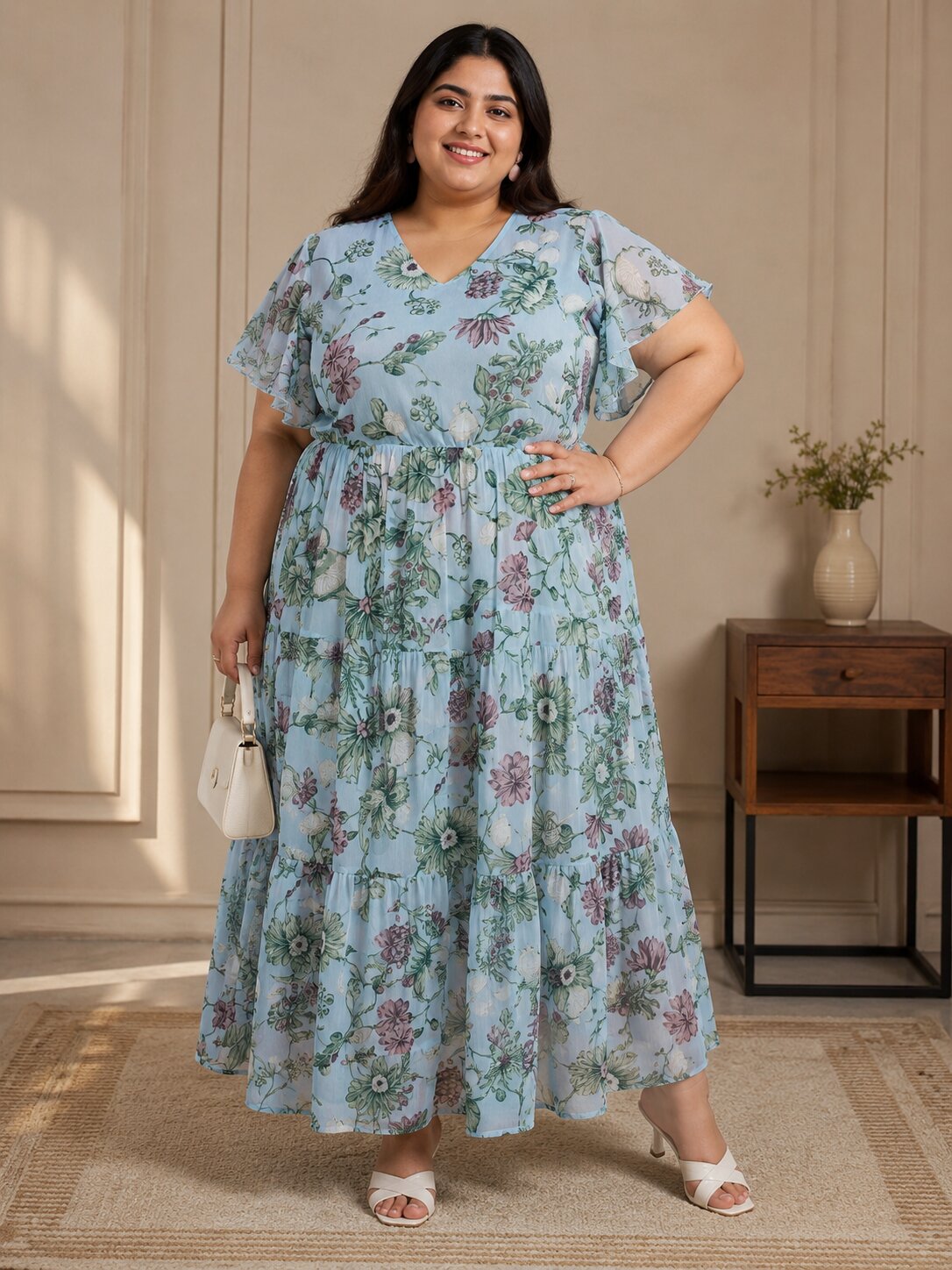 U&F Beyond Plus Size Georgette Light Blue Floral Printed Tiered Midi Dress