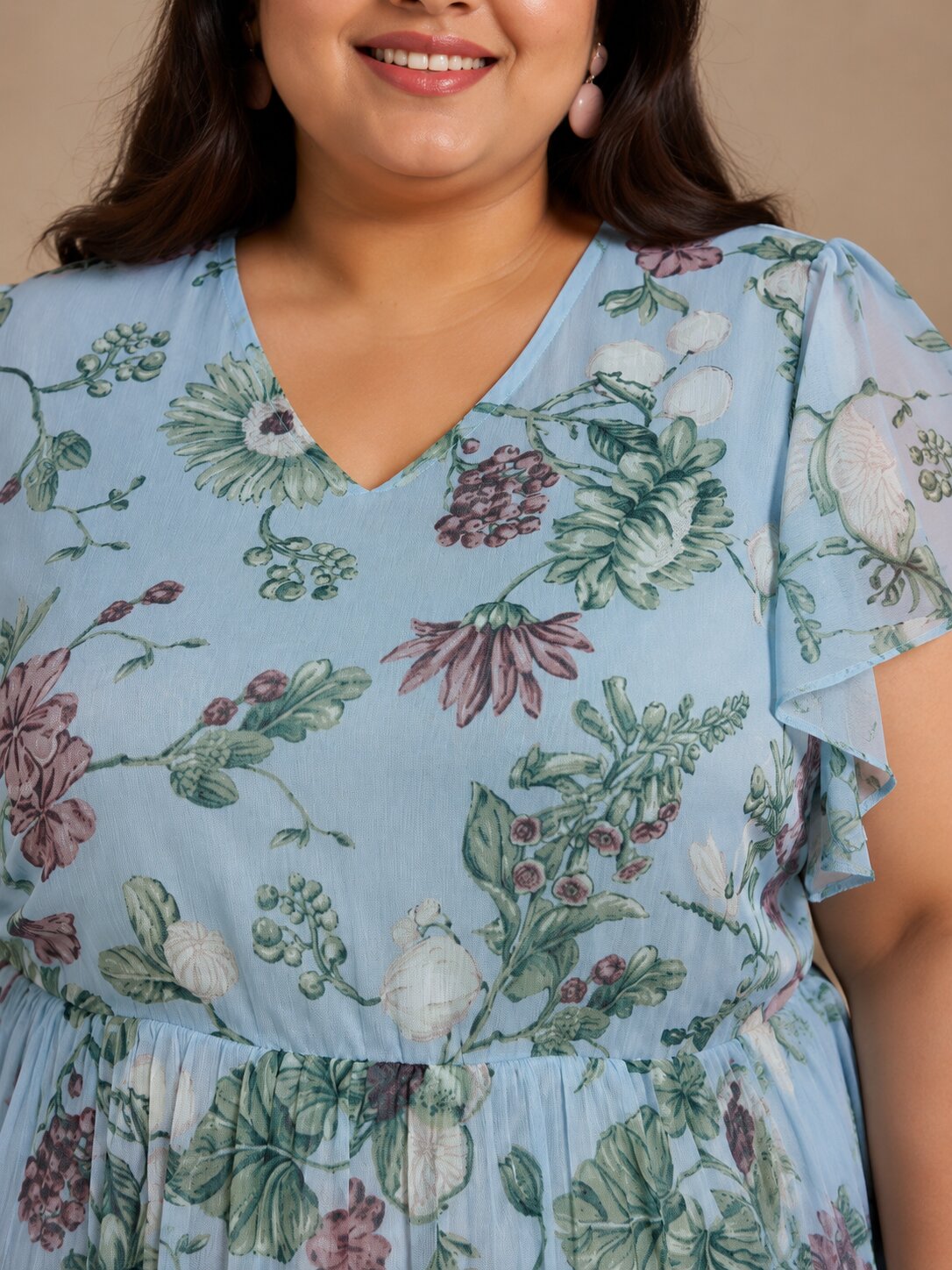 U&F Beyond Plus Size Georgette Light Blue Floral Printed Tiered Midi Dress