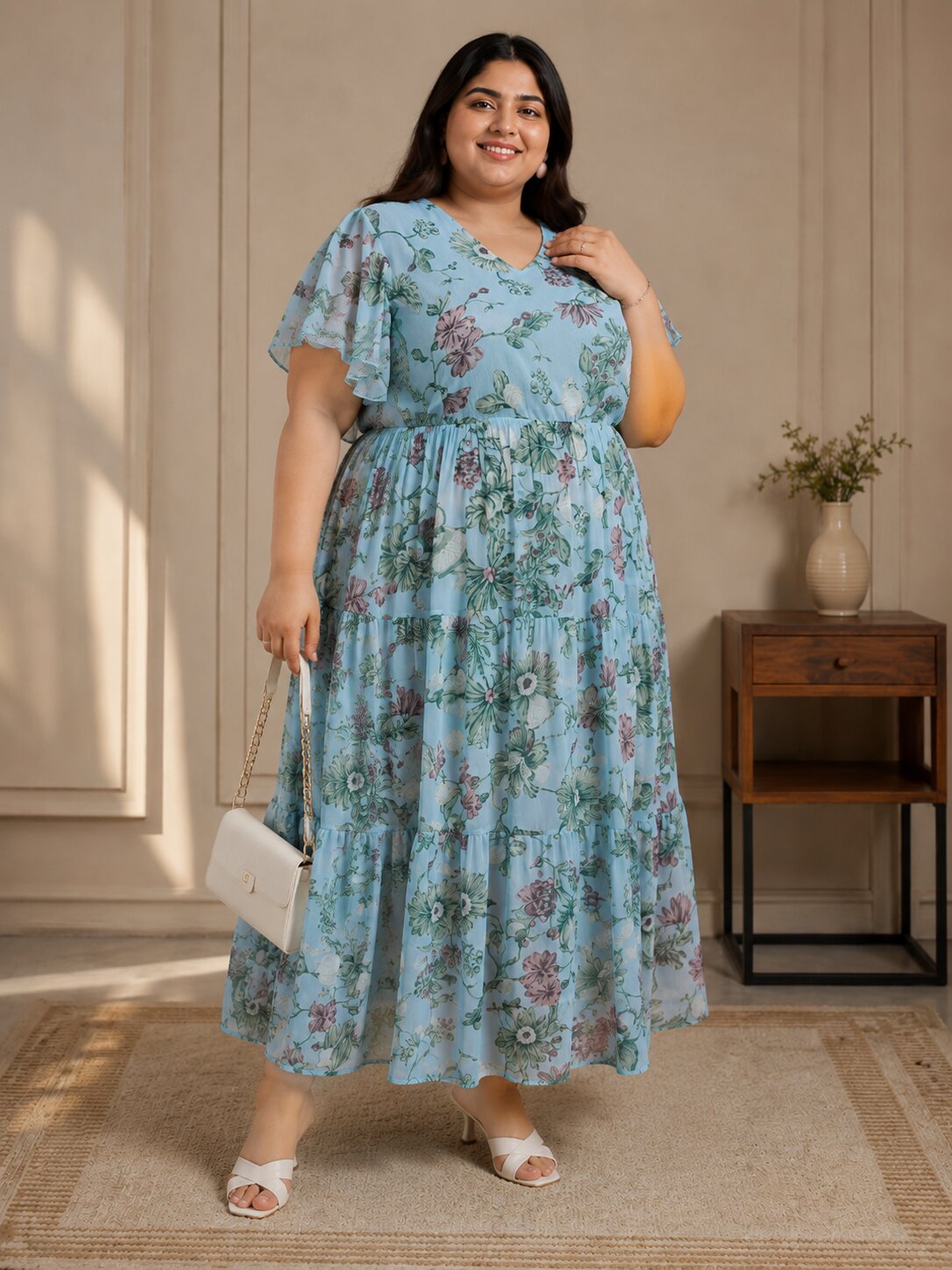 U&F Beyond Plus Size Georgette Light Blue Floral Printed Tiered Midi Dress