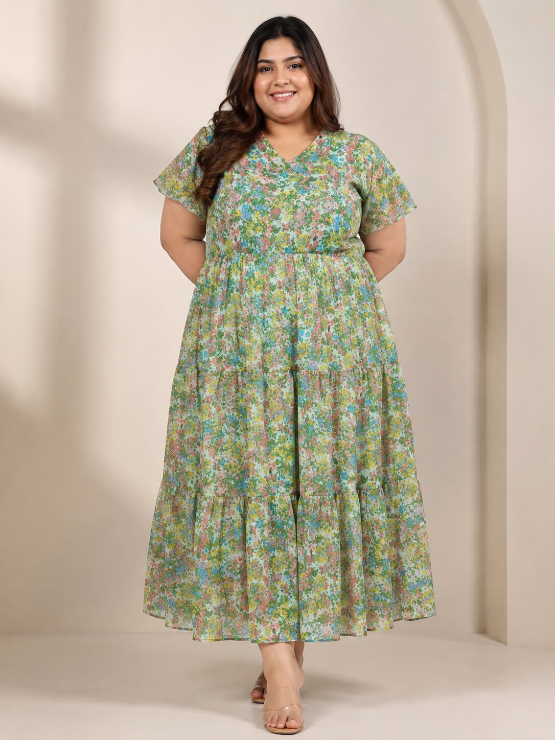 U&F Beyond Plus Size Georgette Green Floral Printed Tiered Midi Dress