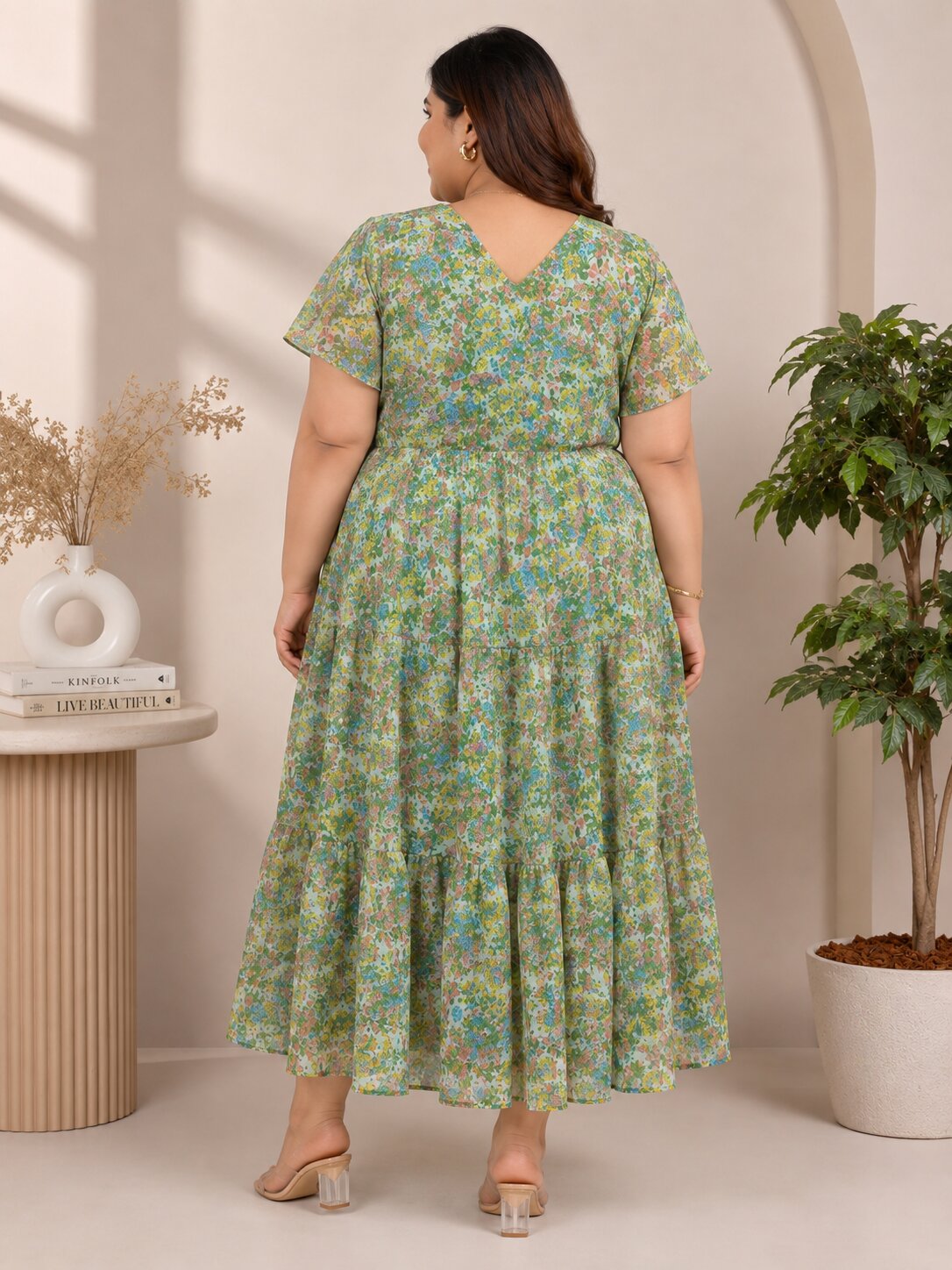 U&F Beyond Plus Size Georgette Green Floral Printed Tiered Midi Dress