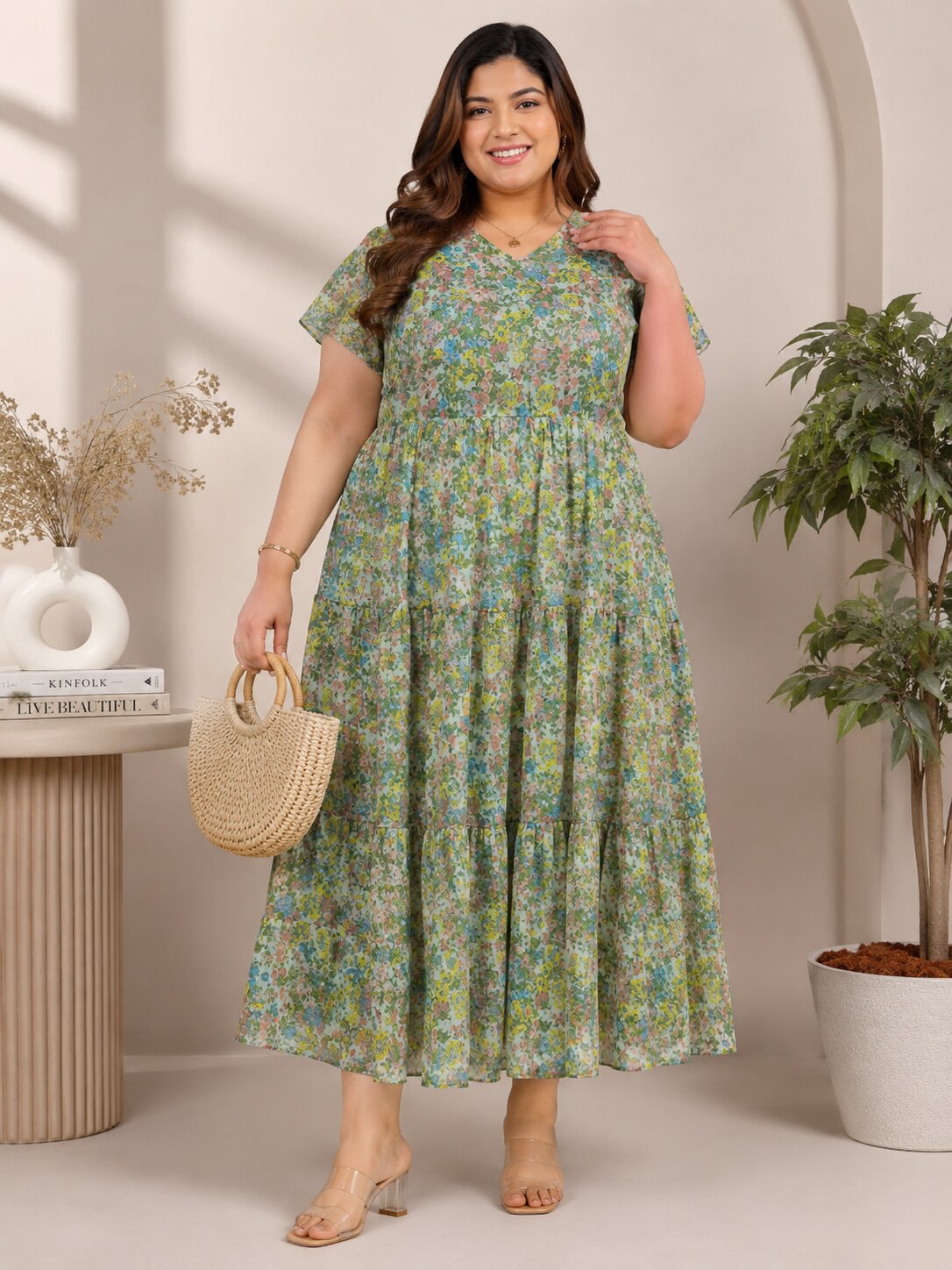 U&F Beyond Plus Size Georgette Green Floral Printed Tiered Midi Dress