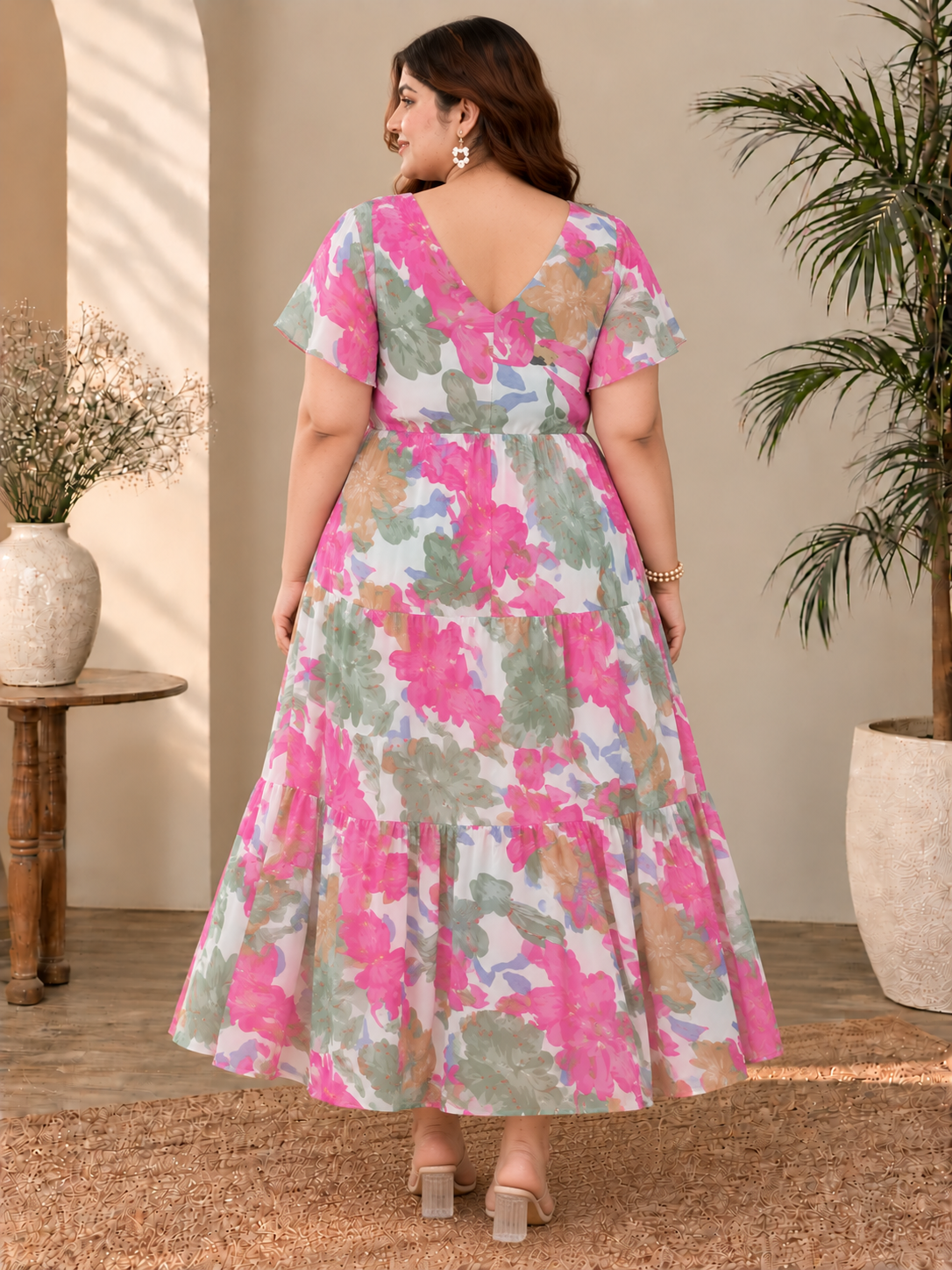 U&F Beyond Women Plus-Size Multi Floral Printed V-Neck Tiered Georgette Maxi Dress