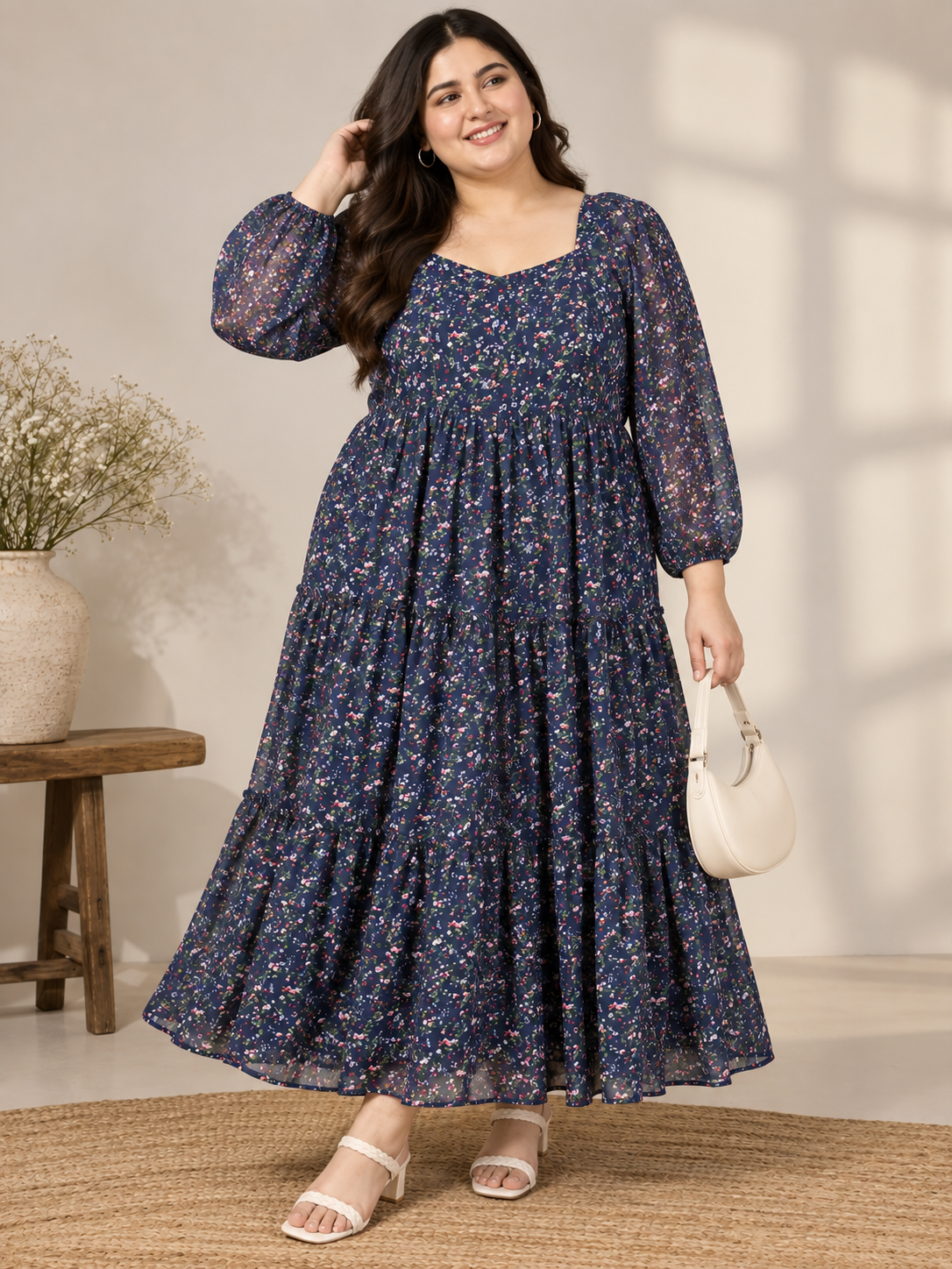 U&F Beyond Plus Size Floral Printed Navy Blue Tiered Maxi Dress