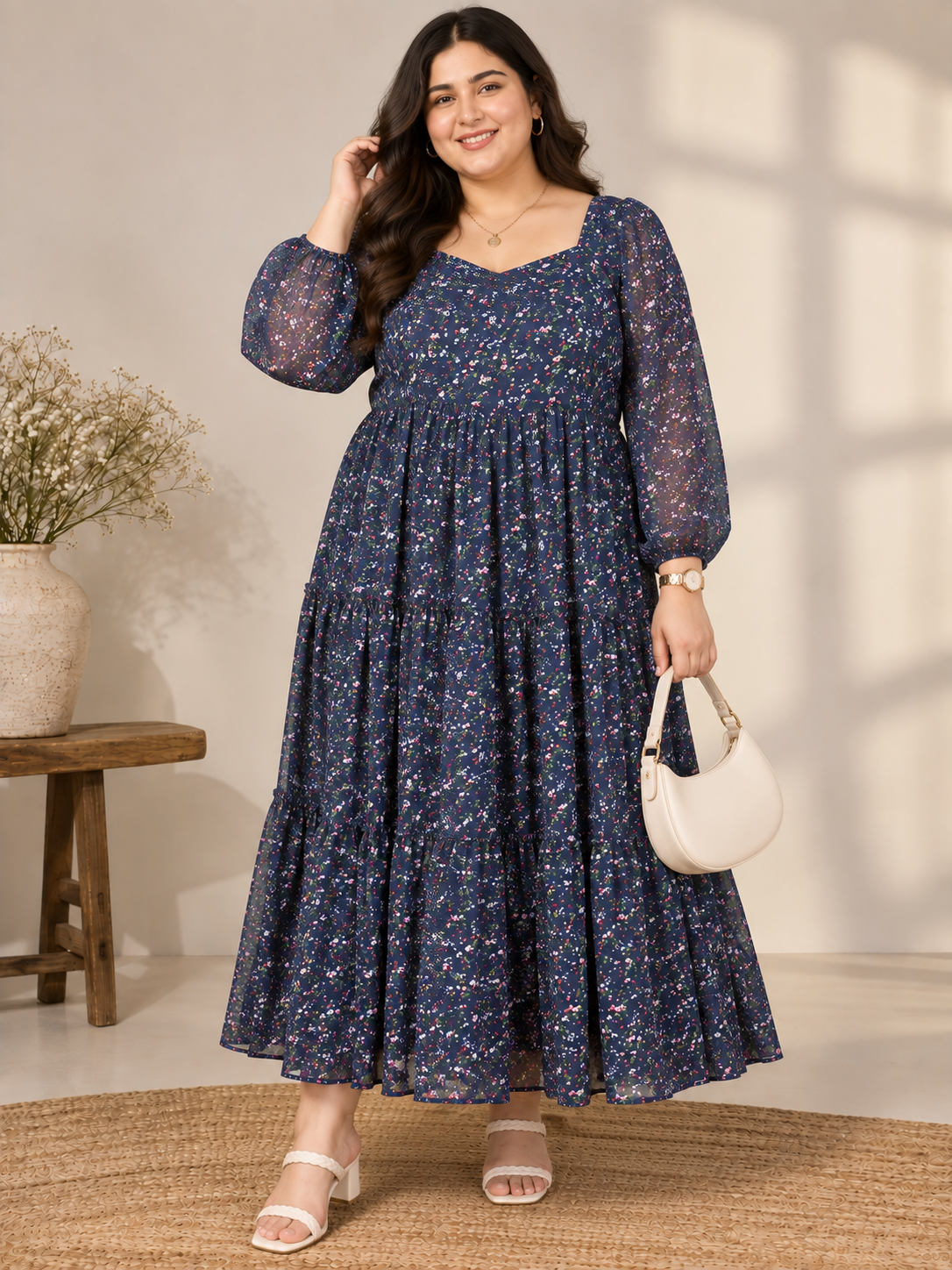 U&F Beyond Plus Size Floral Printed Navy Blue Tiered Maxi Dress