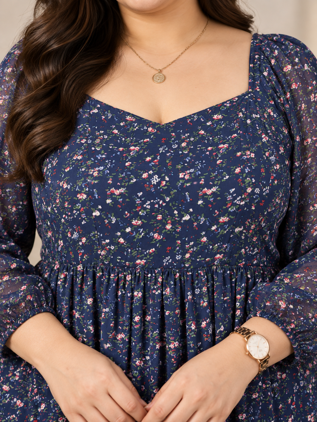 U&F Beyond Plus Size Floral Printed Navy Blue Tiered Maxi Dress
