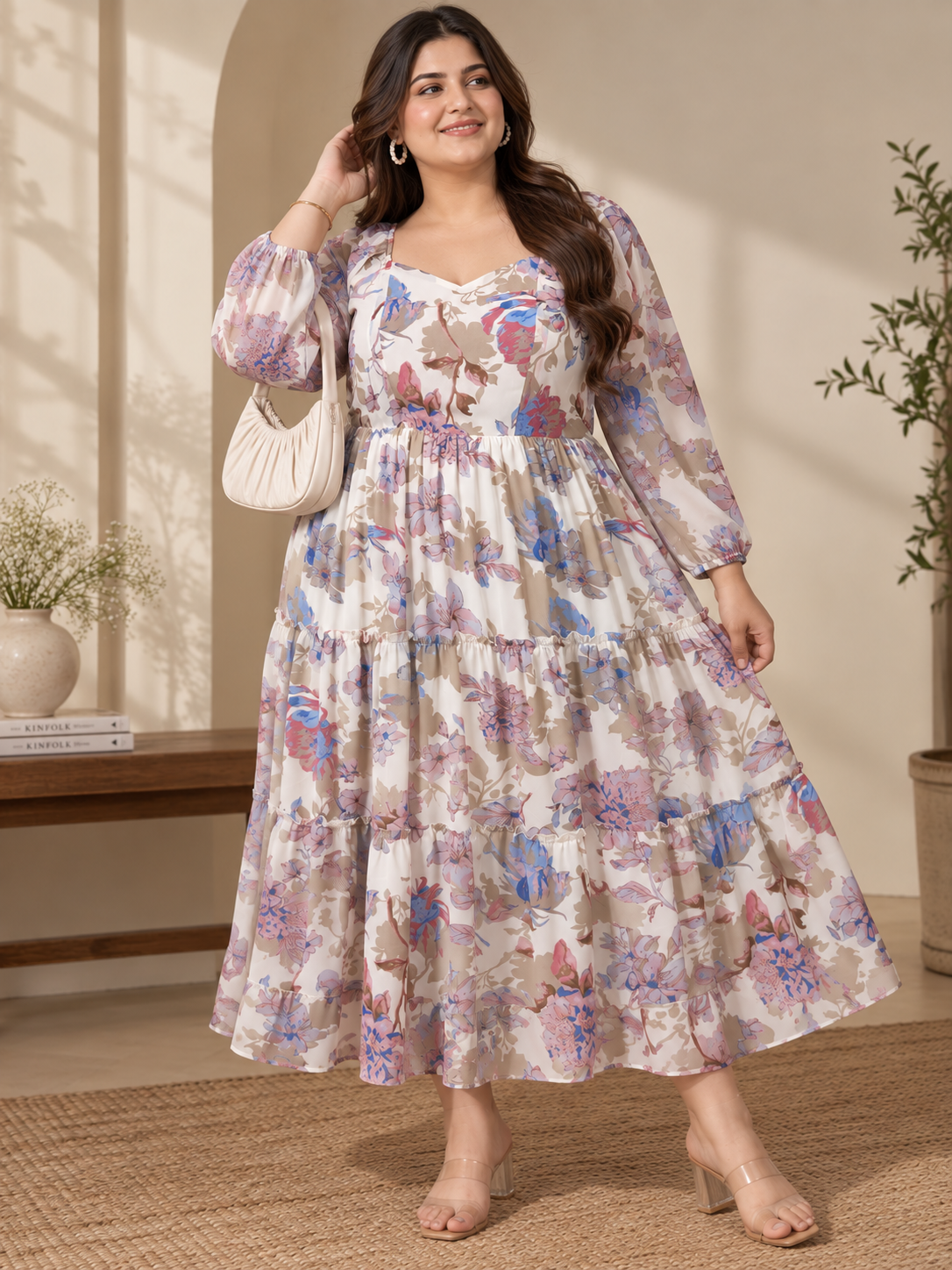 U&F Beyond Plus Size Off-White Floral Printed Midi Dress