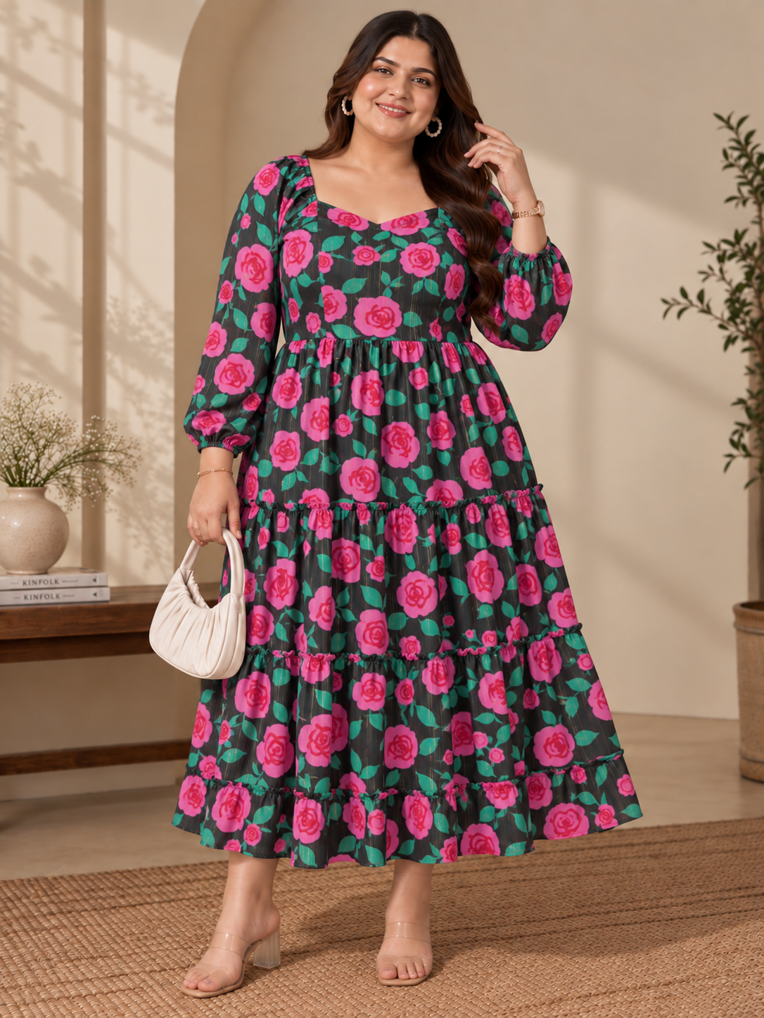 U&F Beyond Plus Size Floral Printed Black Tiered Midi Dress