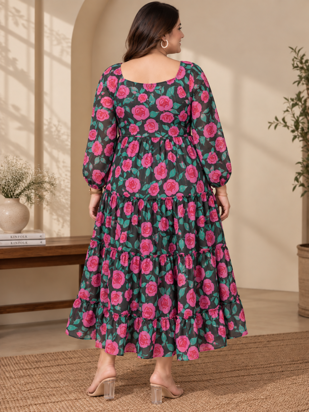 U&F Beyond Plus Size Floral Printed Black Tiered Midi Dress