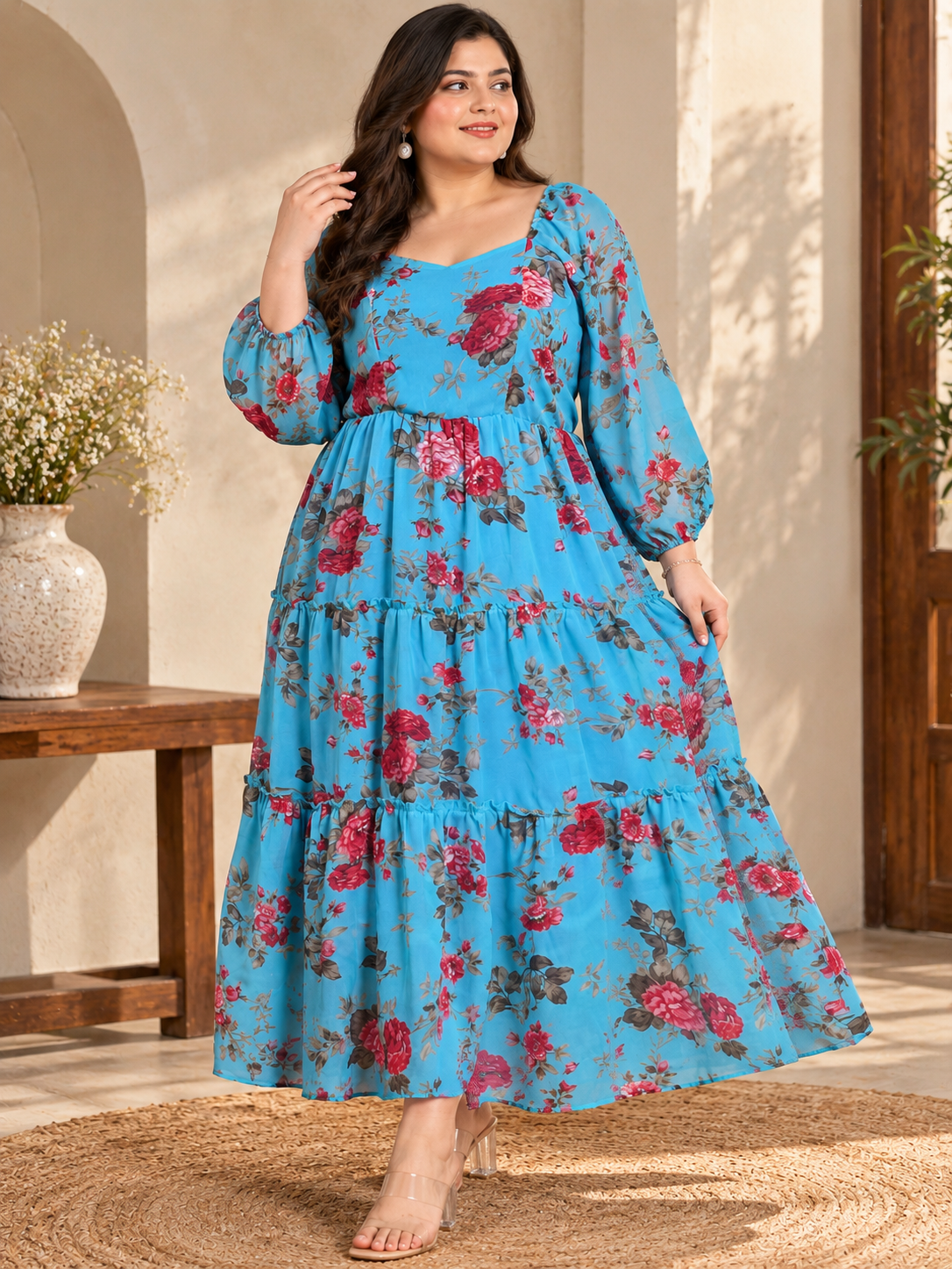 U&F Beyond Women Plus-Size Blue & Pink Floral Print Sweetheart Neck Georgette Maxi Dress