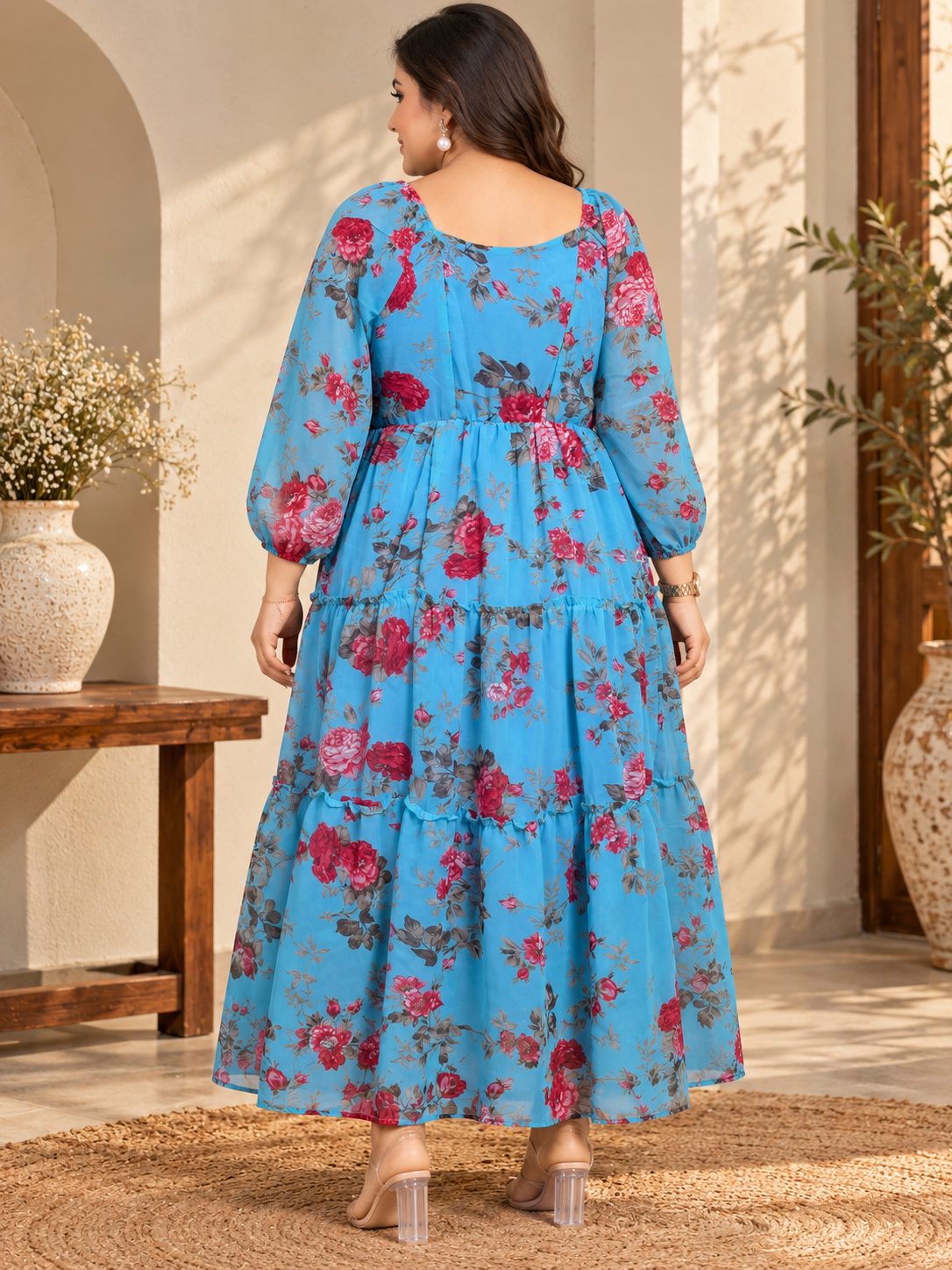 U&F Beyond Women Plus-Size Blue & Pink Floral Print Sweetheart Neck Georgette Maxi Dress