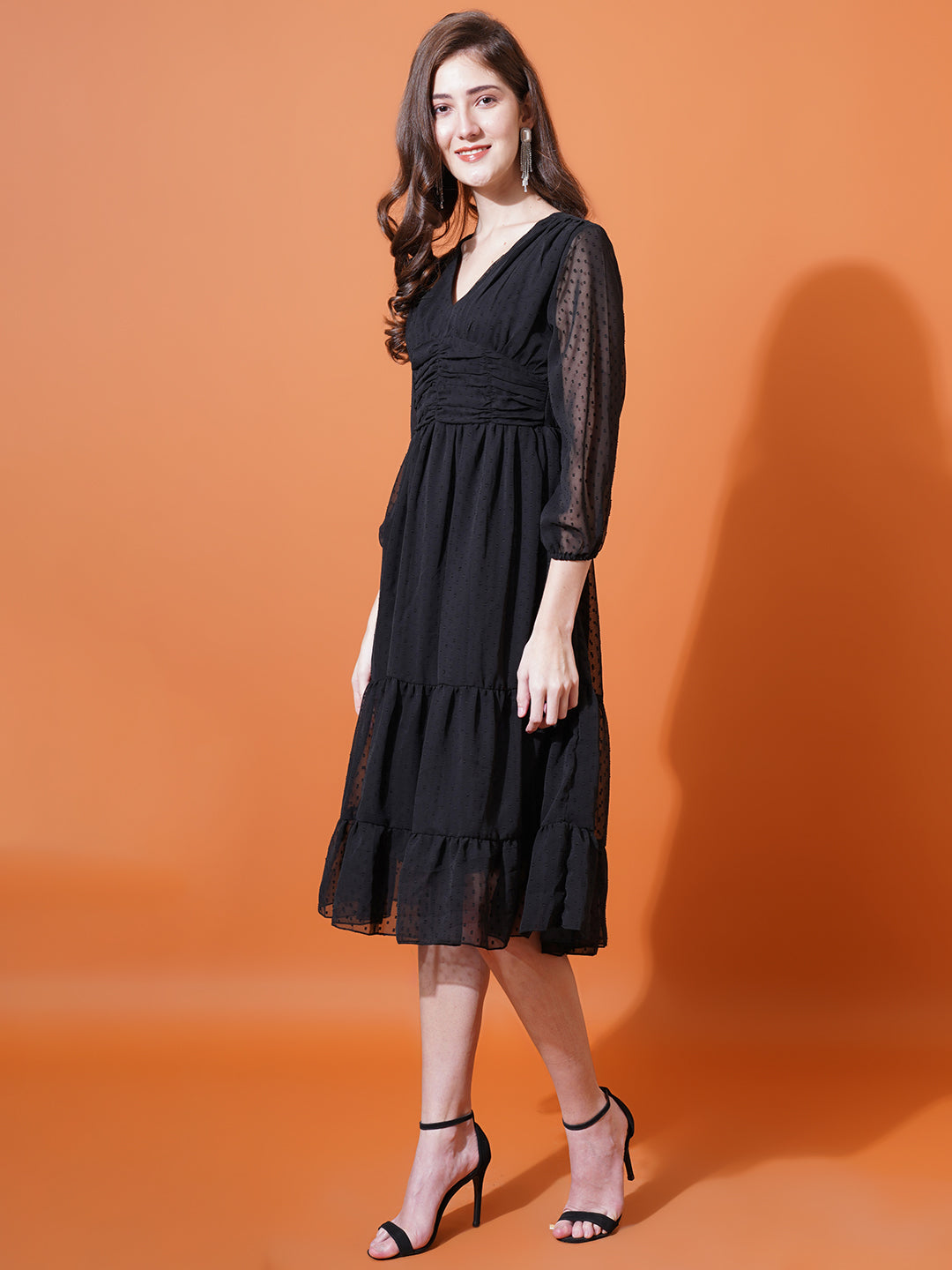 Women V Neck Georgette Empire Midi Dress