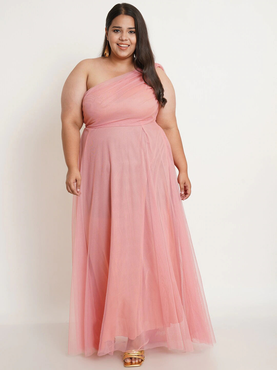 Women Plus Size Pink One Shoulder Net Maxi Dress