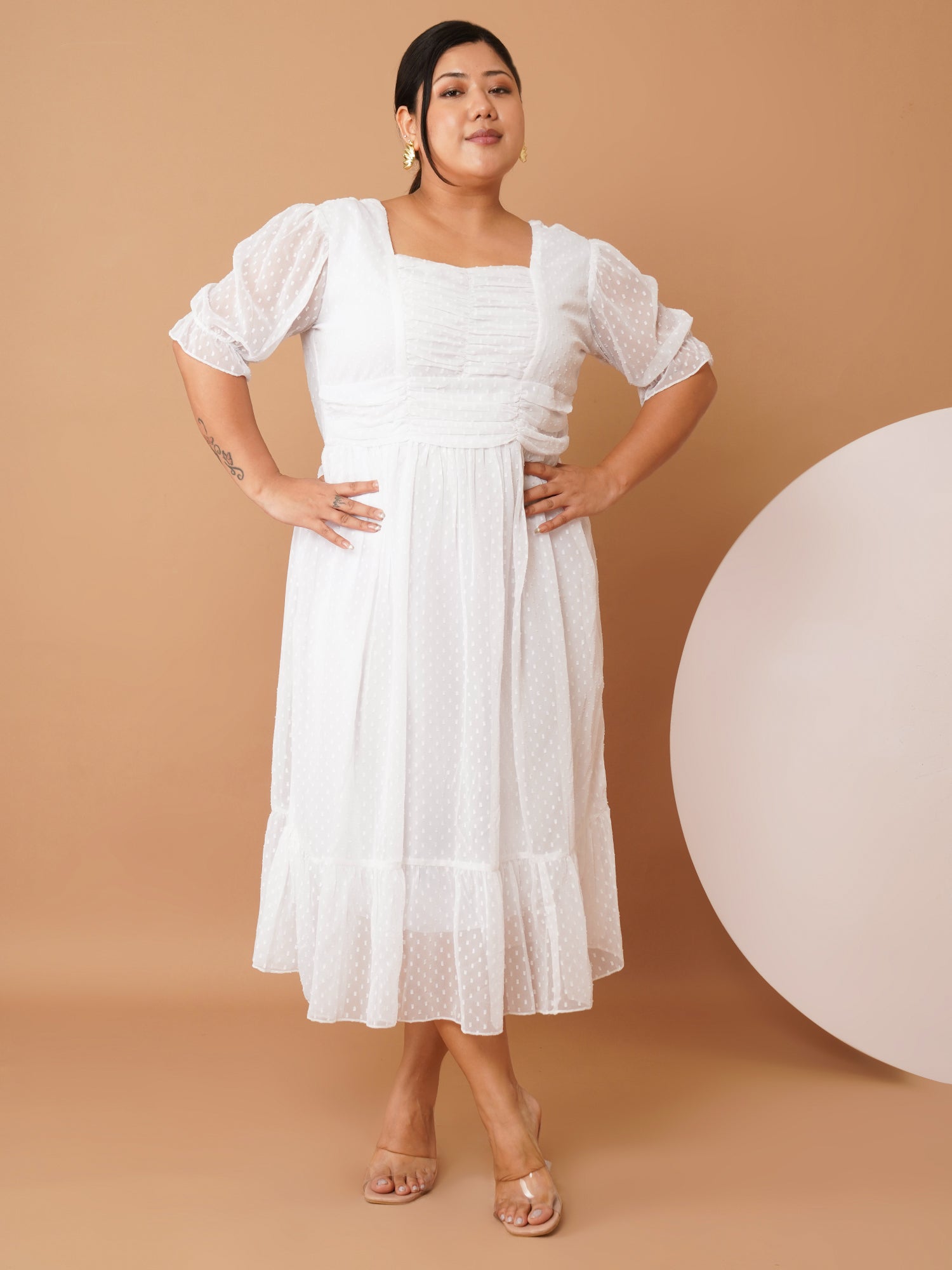U&F Beyond Plus Size White Georgette Midi Dress | Square Neck, Puff Sleeves, Ruched Empire Waist