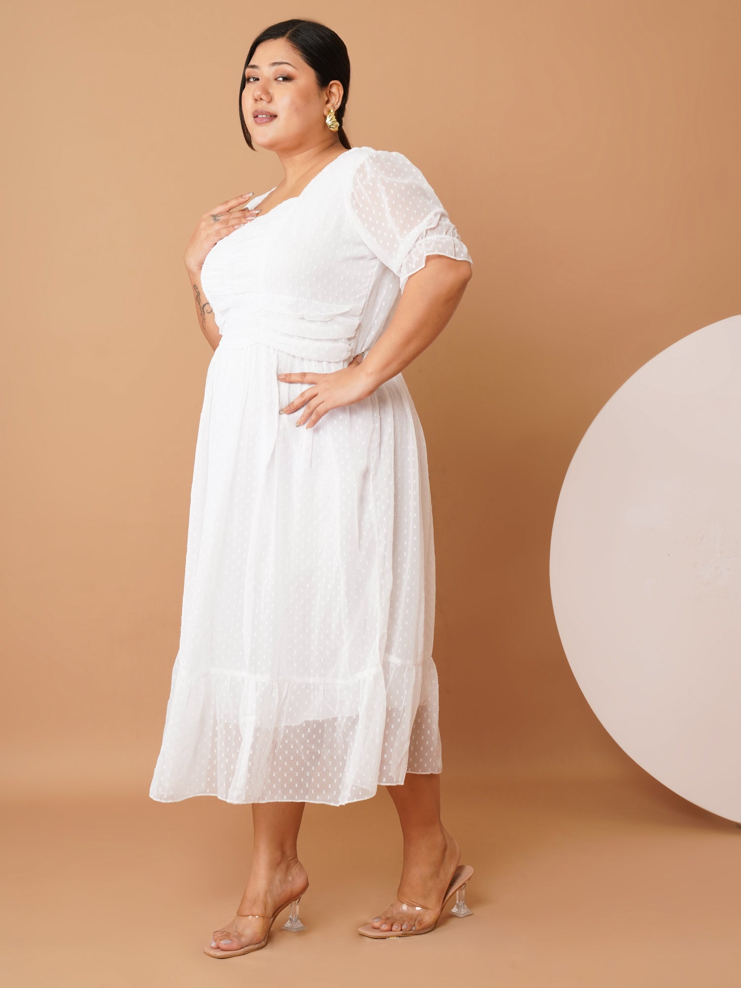 U&F Beyond Plus Size White Georgette Midi Dress | Square Neck, Puff Sleeves, Ruched Empire Waist