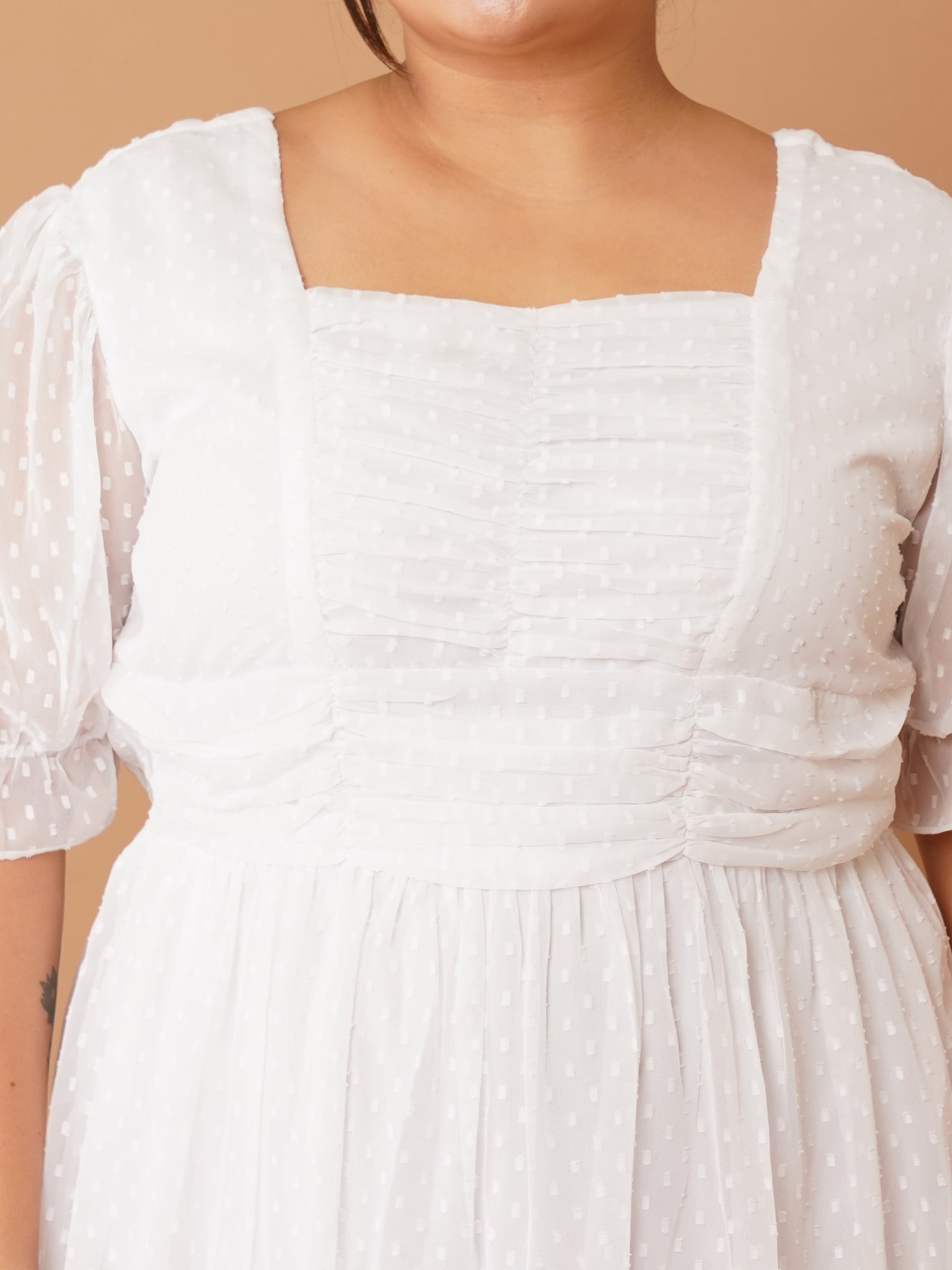U&F Beyond Plus Size White Georgette Midi Dress | Square Neck, Puff Sleeves, Ruched Empire Waist