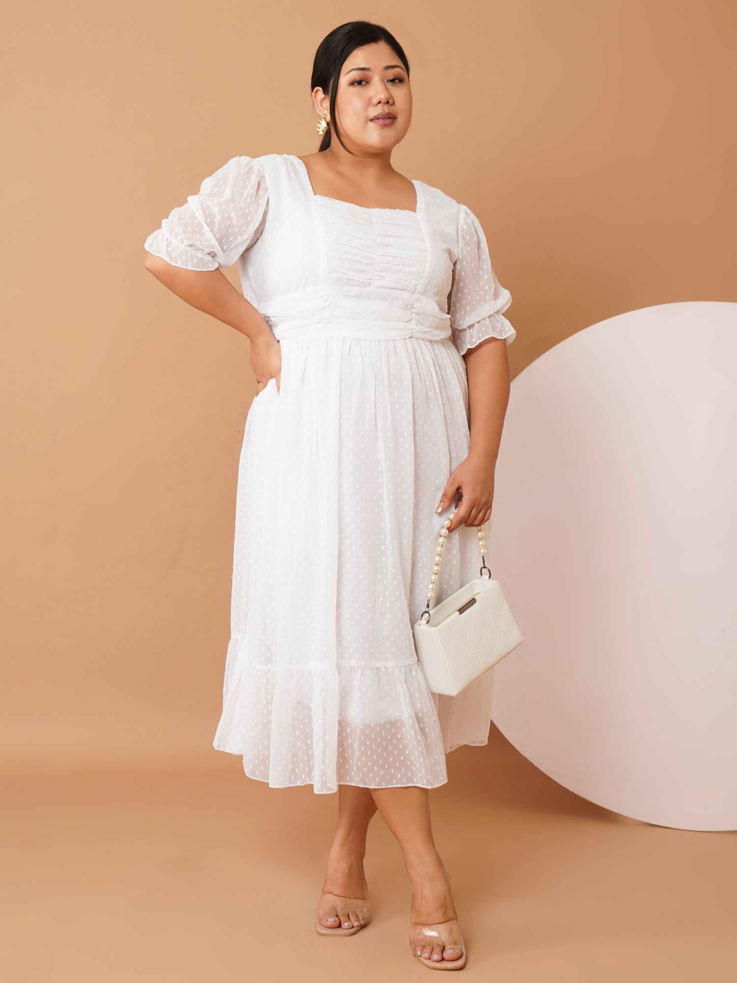 U&F Beyond Plus Size White Georgette Midi Dress | Square Neck, Puff Sleeves, Ruched Empire Waist