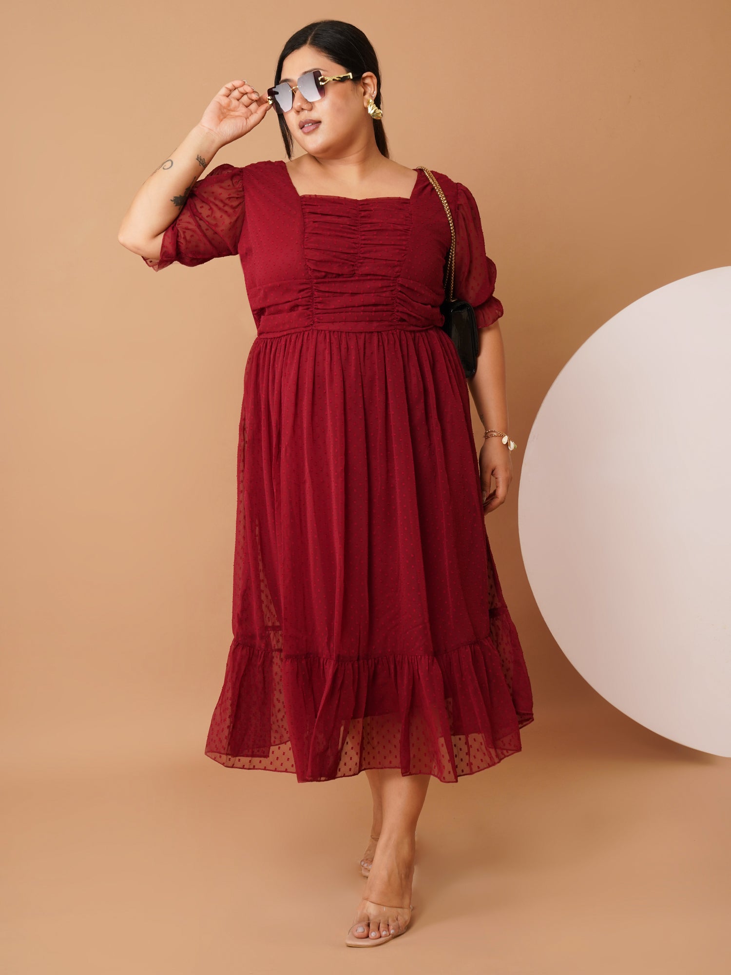 U&F Beyond Plus Size Maroon Georgette Swiss-Dot Midi Dress | Square Neck, Puff Sleeves, Ruched Empire Waist