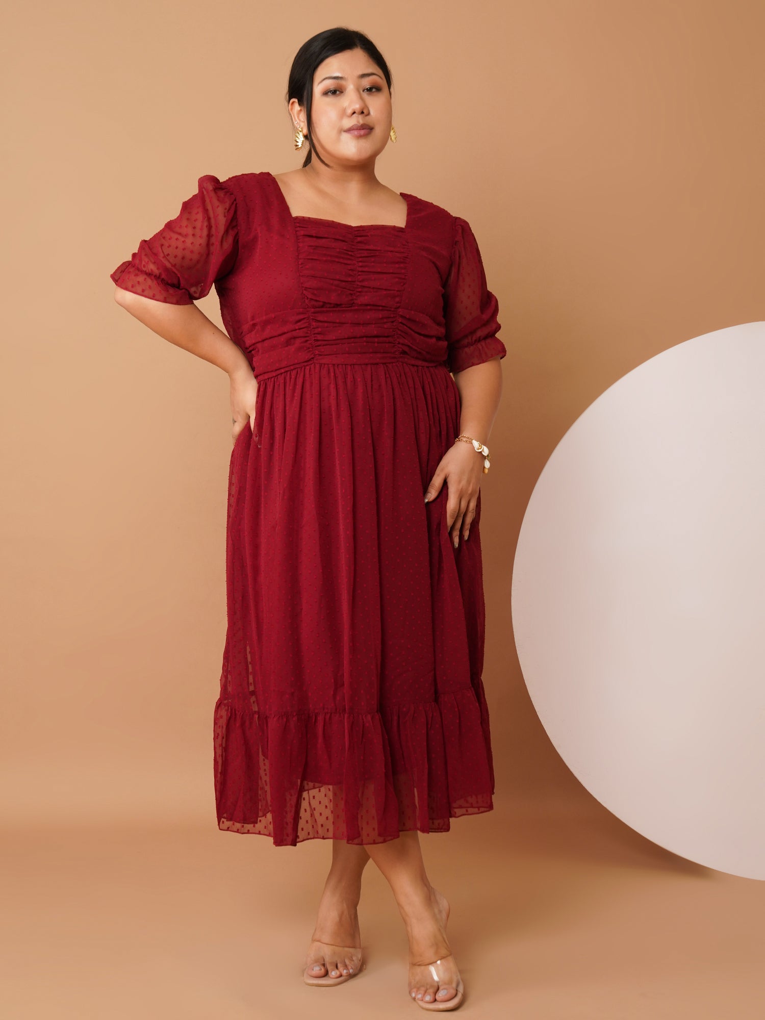 U&F Beyond Plus Size Maroon Georgette Swiss-Dot Midi Dress | Square Neck, Puff Sleeves, Ruched Empire Waist