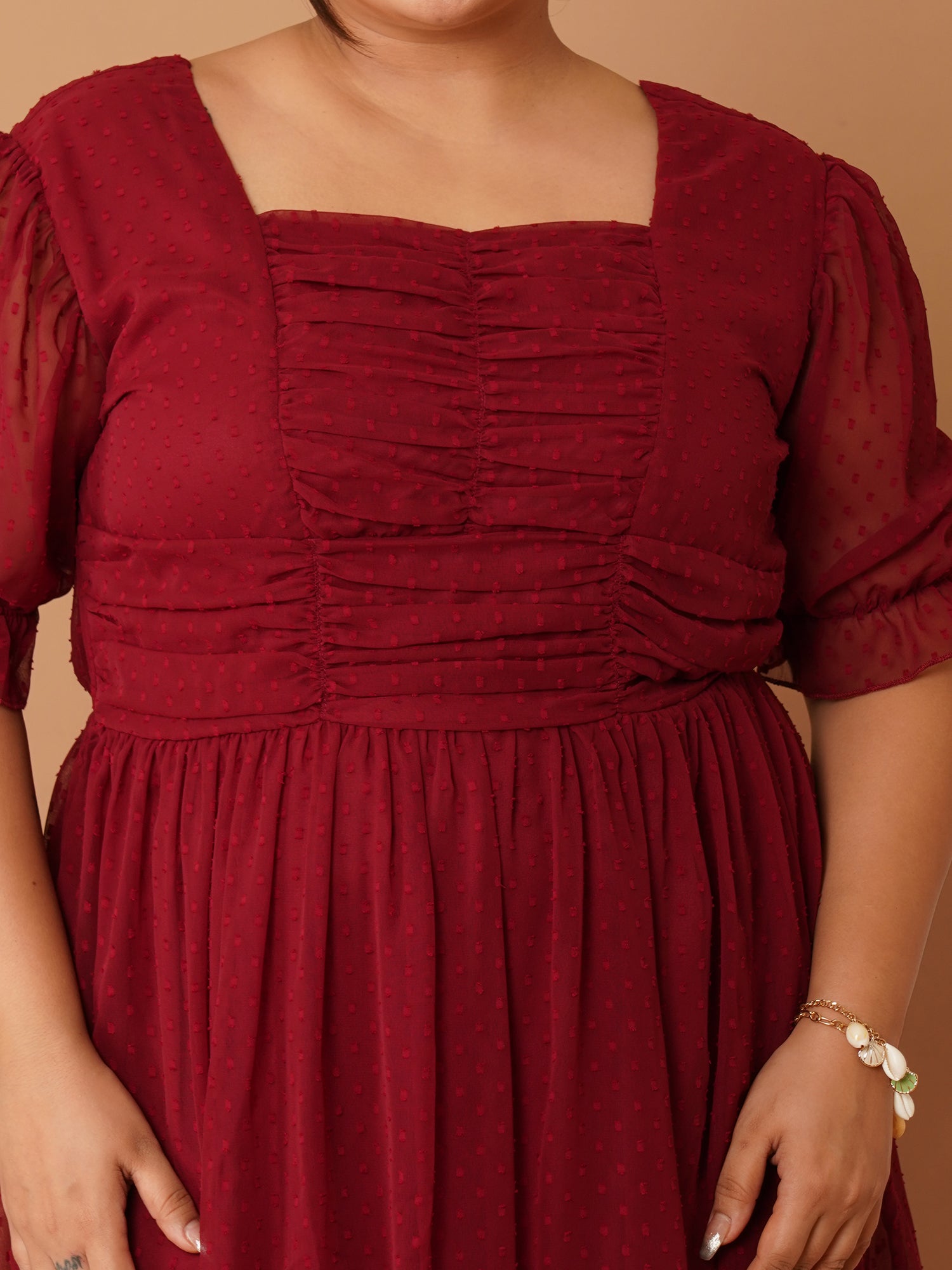 U&F Beyond Plus Size Maroon Georgette Swiss-Dot Midi Dress | Square Neck, Puff Sleeves, Ruched Empire Waist