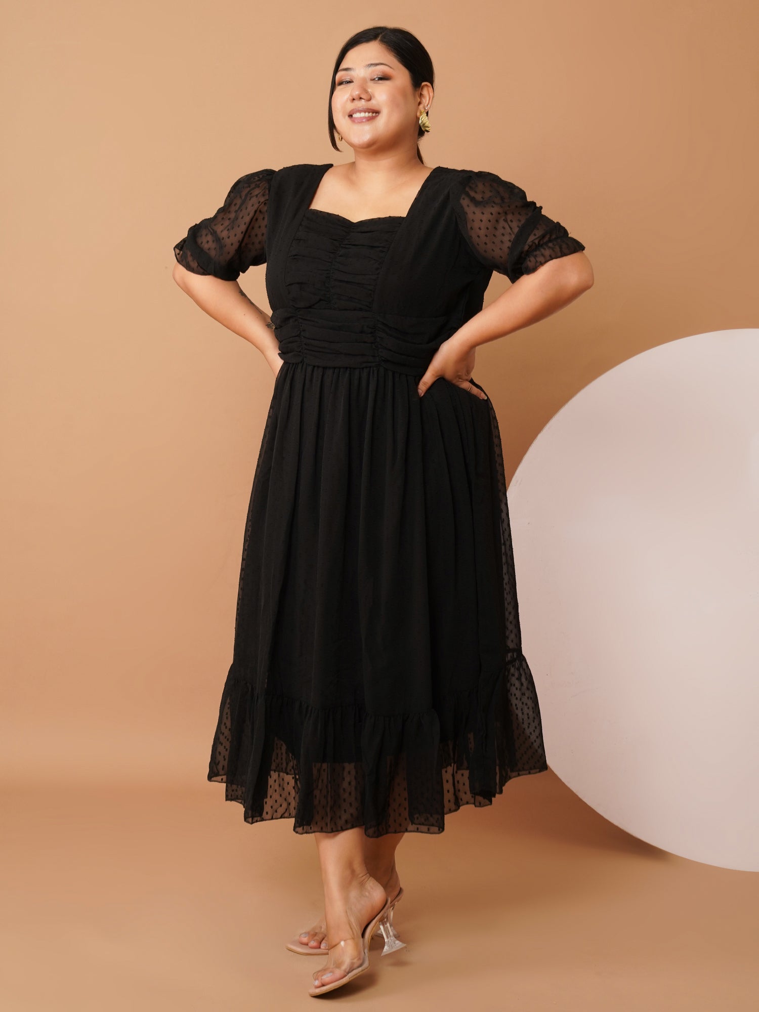 U&F Beyond Plus Size Black Georgette Midi Dress | Square Neck, Puff Sleeves, Ruched Empire Waist