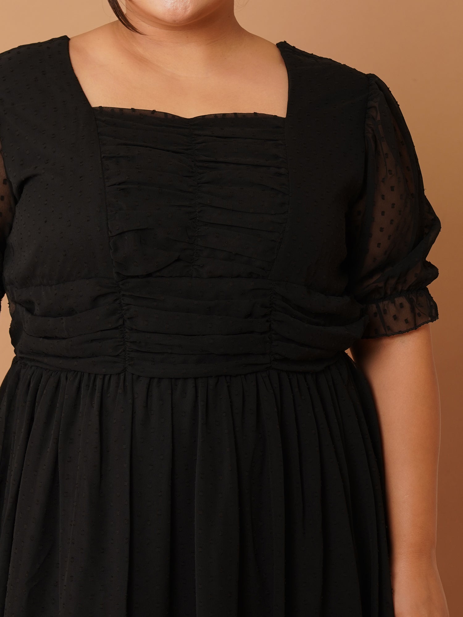 U&F Beyond Plus Size Black Georgette Midi Dress | Square Neck, Puff Sleeves, Ruched Empire Waist