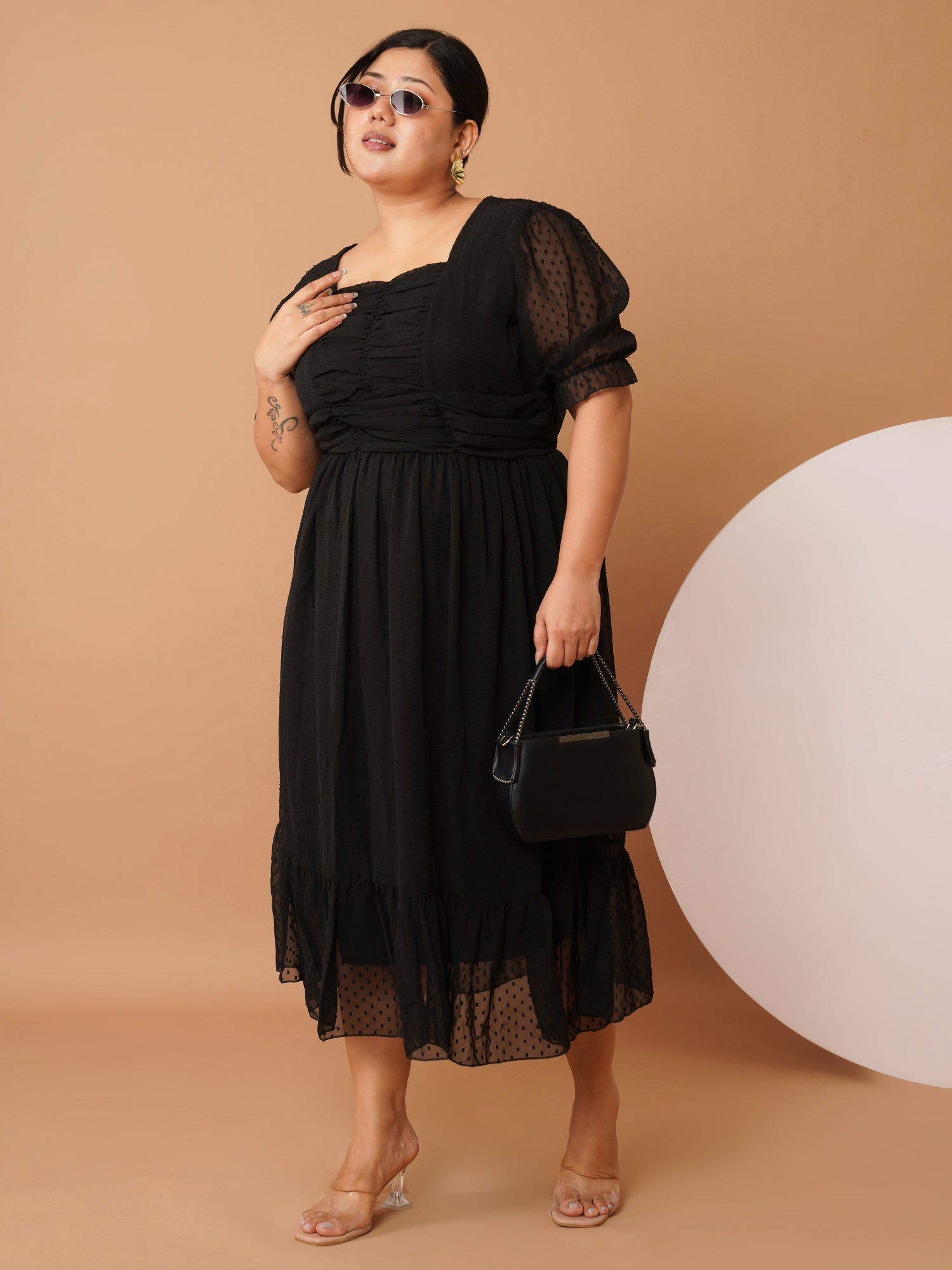 U&F Beyond Plus Size Black Georgette Midi Dress | Square Neck, Puff Sleeves, Ruched Empire Waist
