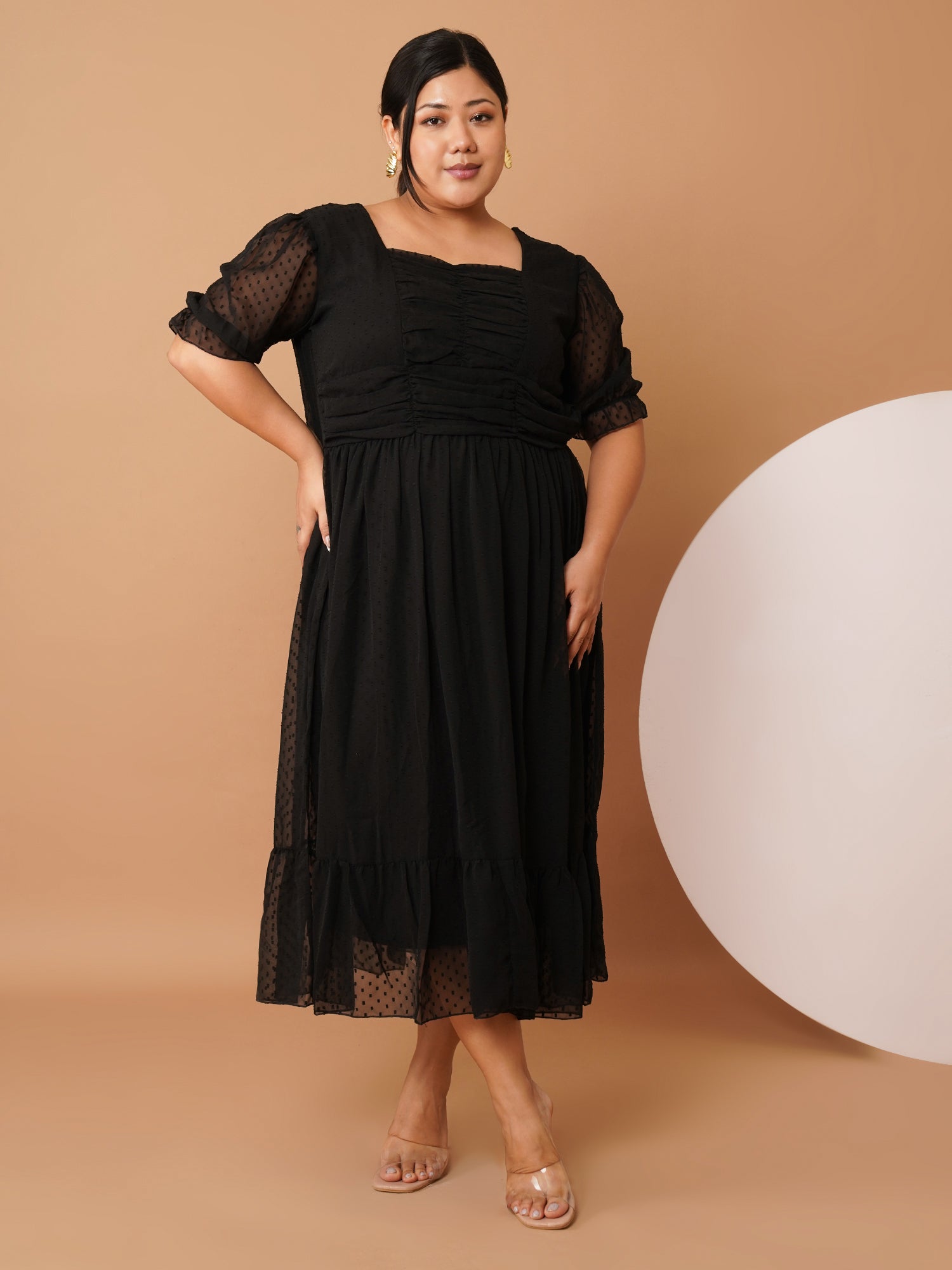 U&F Beyond Plus Size Black Georgette Midi Dress | Square Neck, Puff Sleeves, Ruched Empire Waist