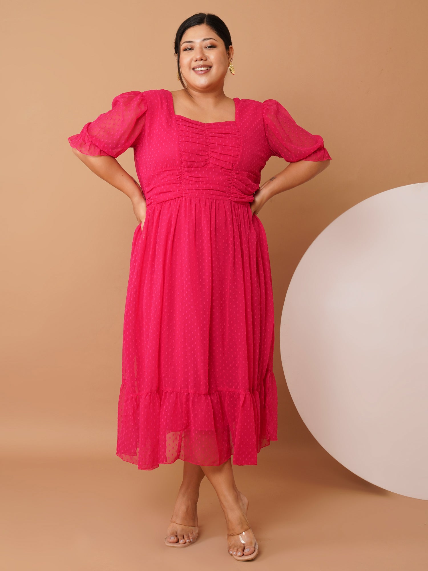 U&F Beyond Plus Size Magenta Georgette Midi Dress | Square Neck, Puff Sleeves, Ruched Empire Waist