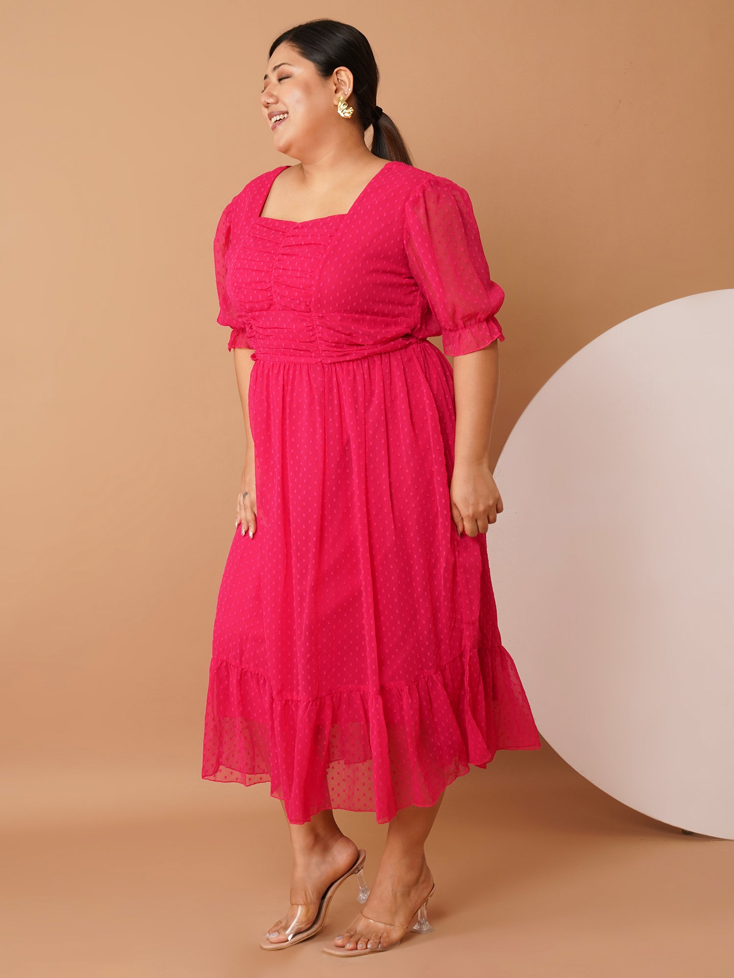 U&F Beyond Plus Size Magenta Georgette Midi Dress | Square Neck, Puff Sleeves, Ruched Empire Waist