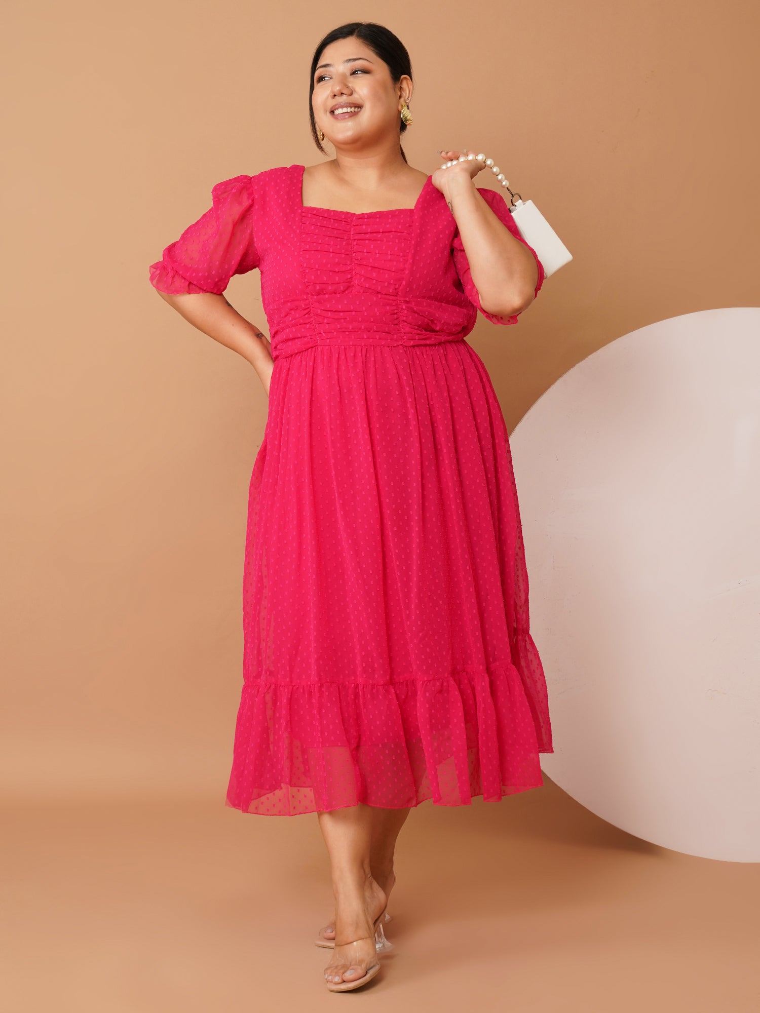 U&F Beyond Plus Size Magenta Georgette Midi Dress | Square Neck, Puff Sleeves, Ruched Empire Waist