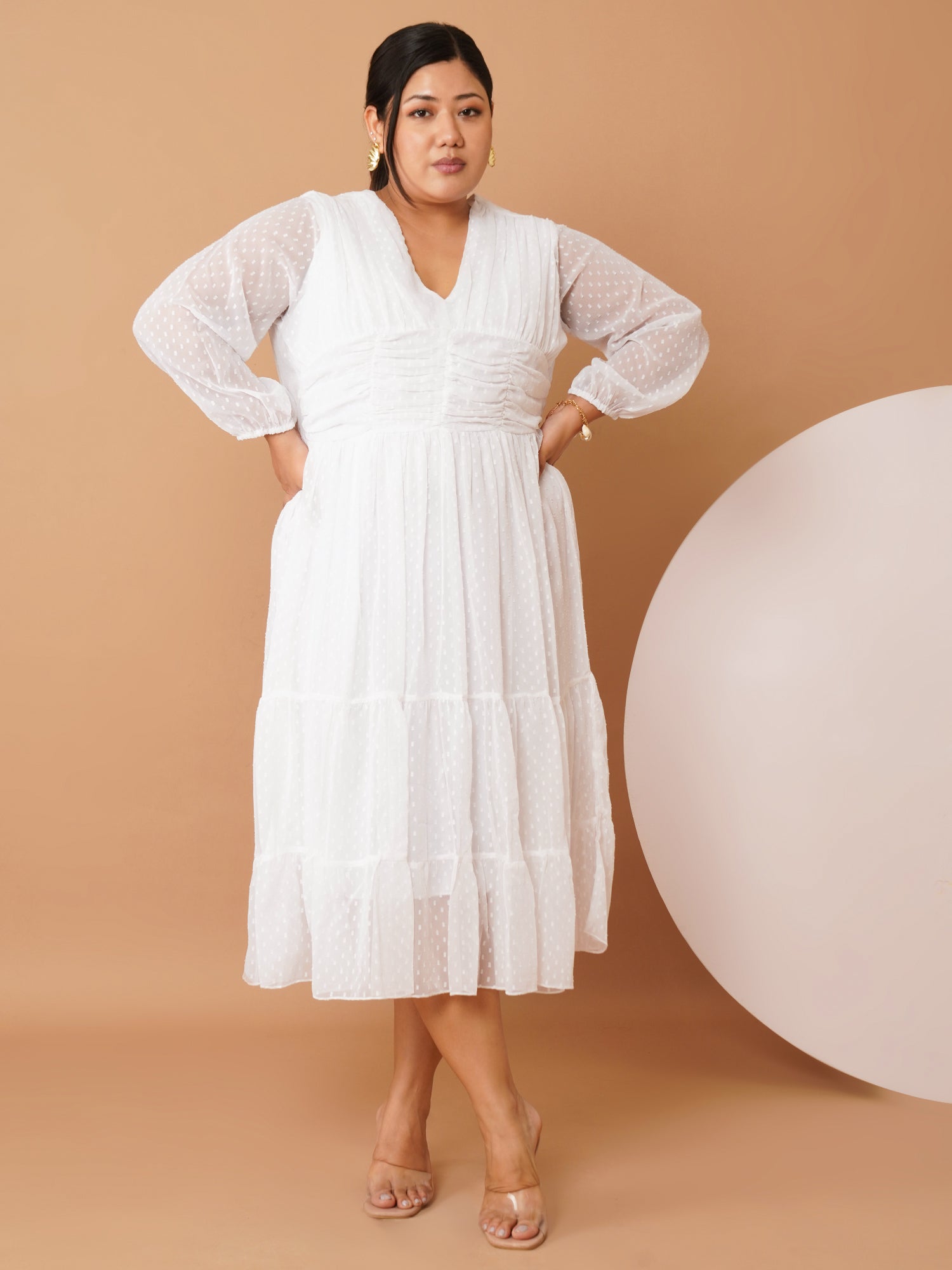 U&F Beyond Plus-Size White Georgette Swiss-Dot Midi Dress | V-Neck, Sheer Sleeves, Ruched Empire Waist