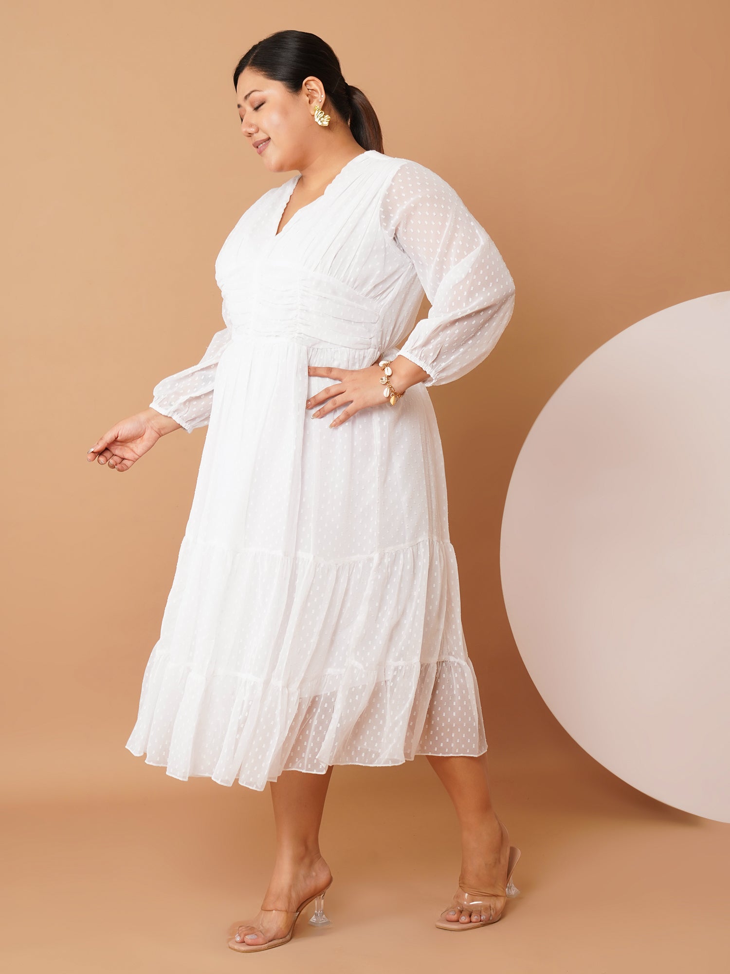 U&F Beyond Plus-Size White Georgette Swiss-Dot Midi Dress | V-Neck, Sheer Sleeves, Ruched Empire Waist