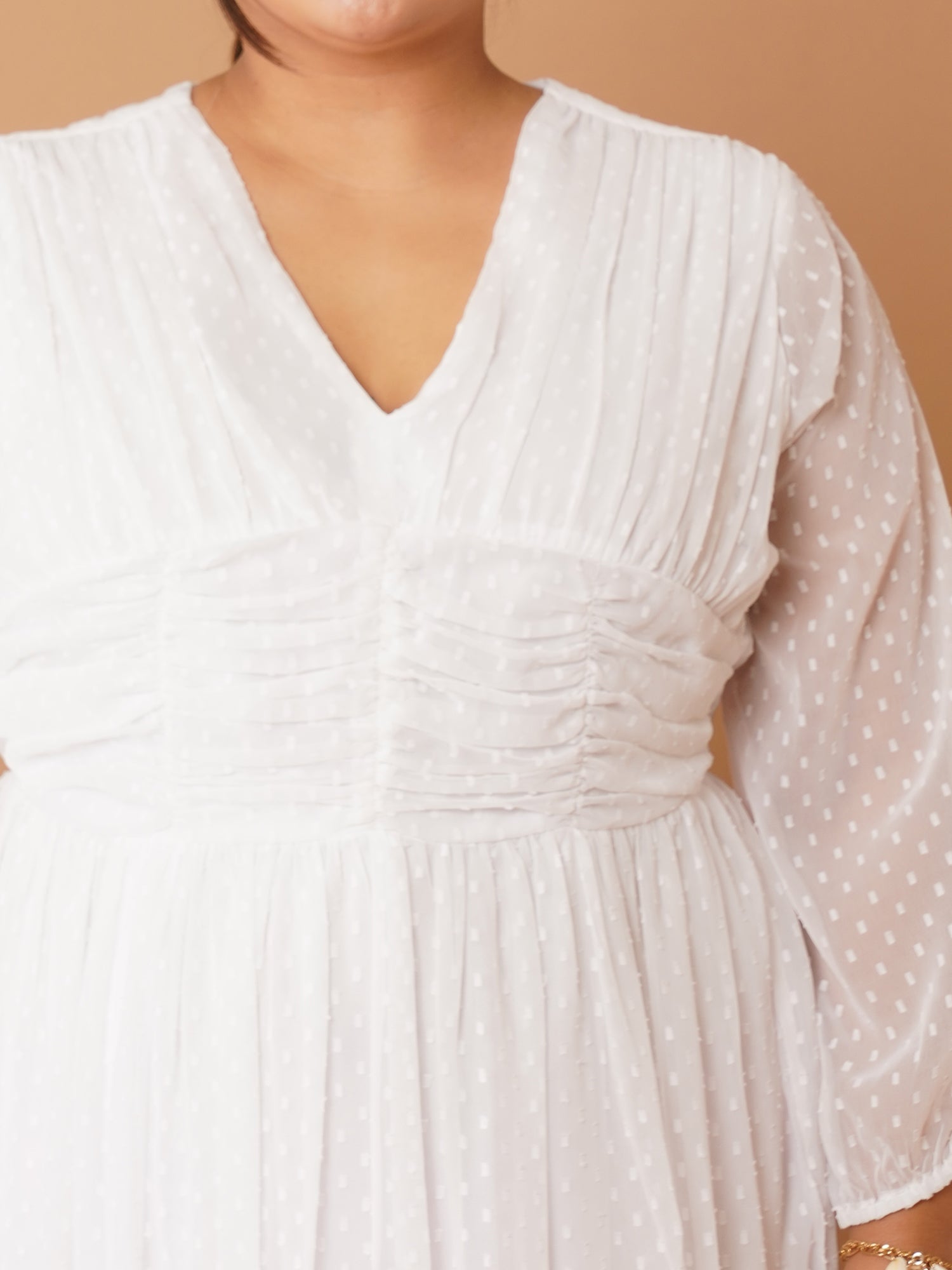U&F Beyond Plus-Size White Georgette Swiss-Dot Midi Dress | V-Neck, Sheer Sleeves, Ruched Empire Waist
