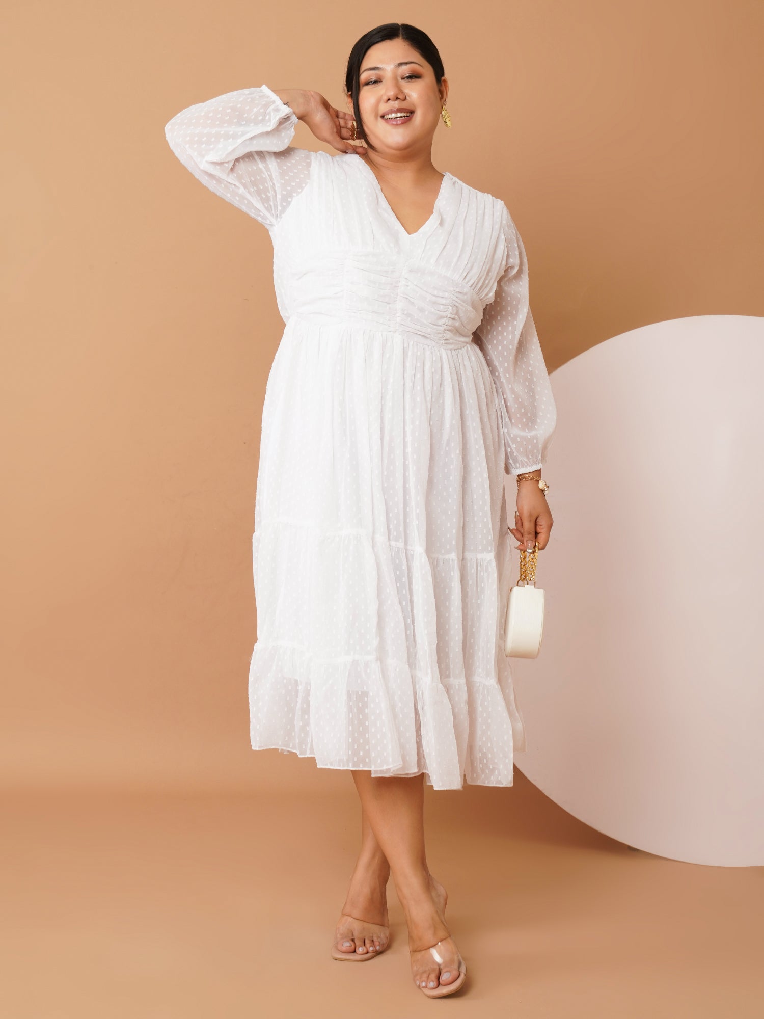 U&F Beyond Plus-Size White Georgette Swiss-Dot Midi Dress | V-Neck, Sheer Sleeves, Ruched Empire Waist