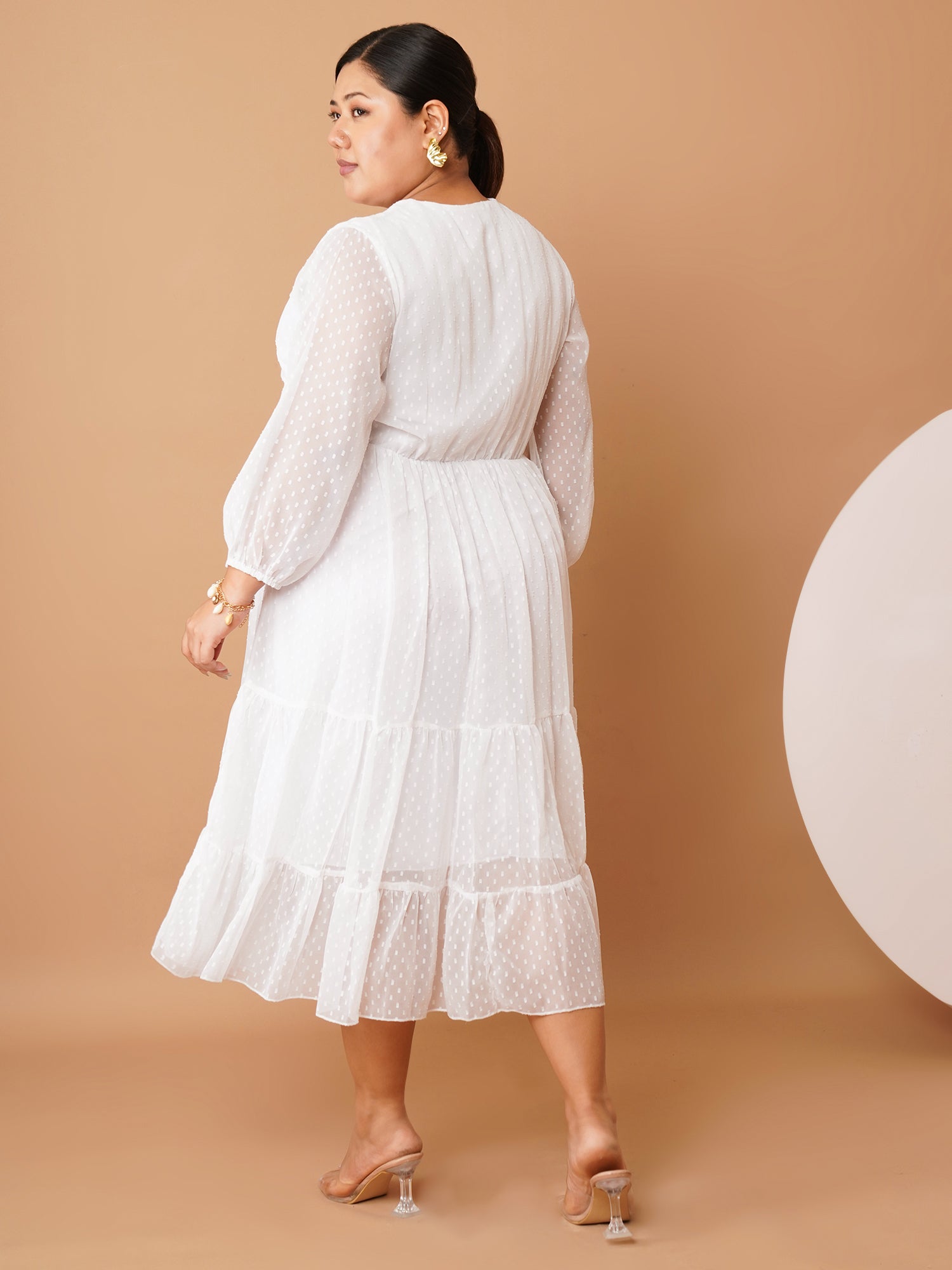 U&F Beyond Plus-Size White Georgette Swiss-Dot Midi Dress | V-Neck, Sheer Sleeves, Ruched Empire Waist