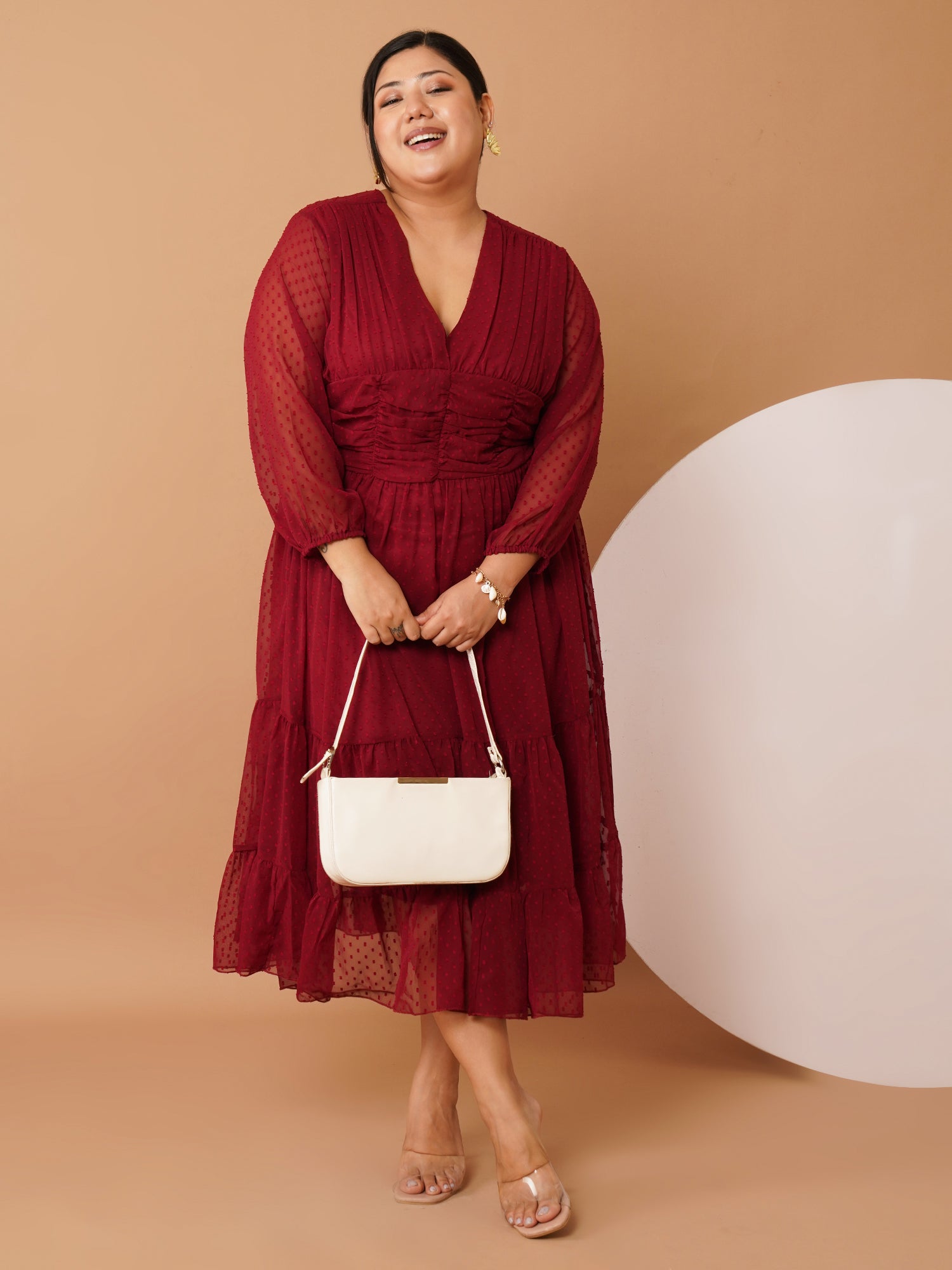 U&F Beyond Plus Size Maroon Georgette Swiss-Dot Midi Dress |V Neck, Puff Sleeves, Ruched Bodice, Tiered Hem