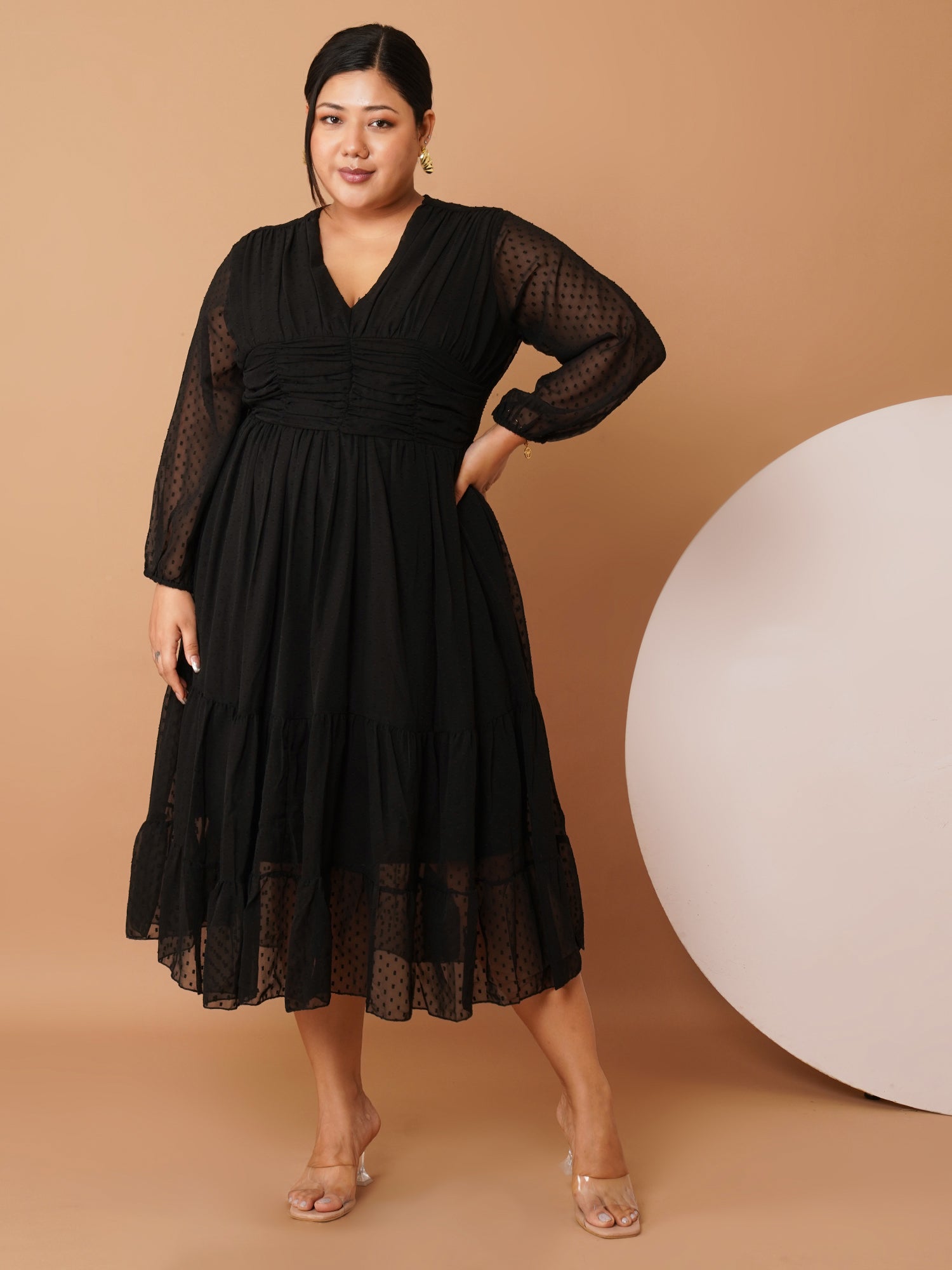 U&F Beyond Plus-Size Black Georgette Swiss-Dot Midi Dress | V-Neck, Sheer Sleeves, Ruched Empire Waist