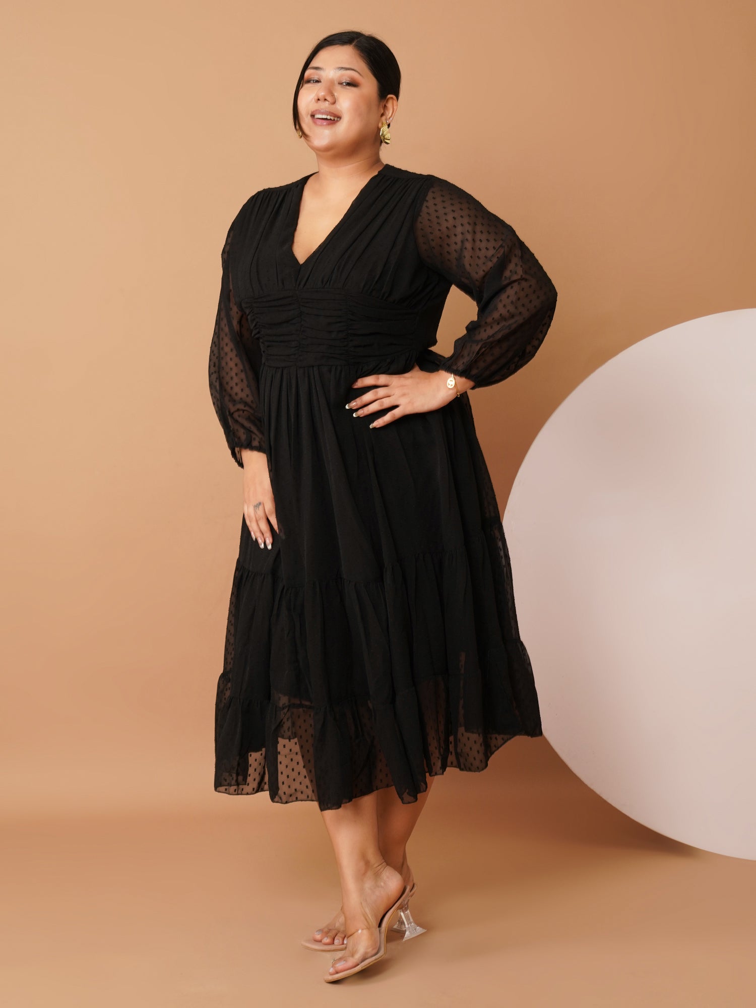 U&F Beyond Plus-Size Black Georgette Swiss-Dot Midi Dress | V-Neck, Sheer Sleeves, Ruched Empire Waist