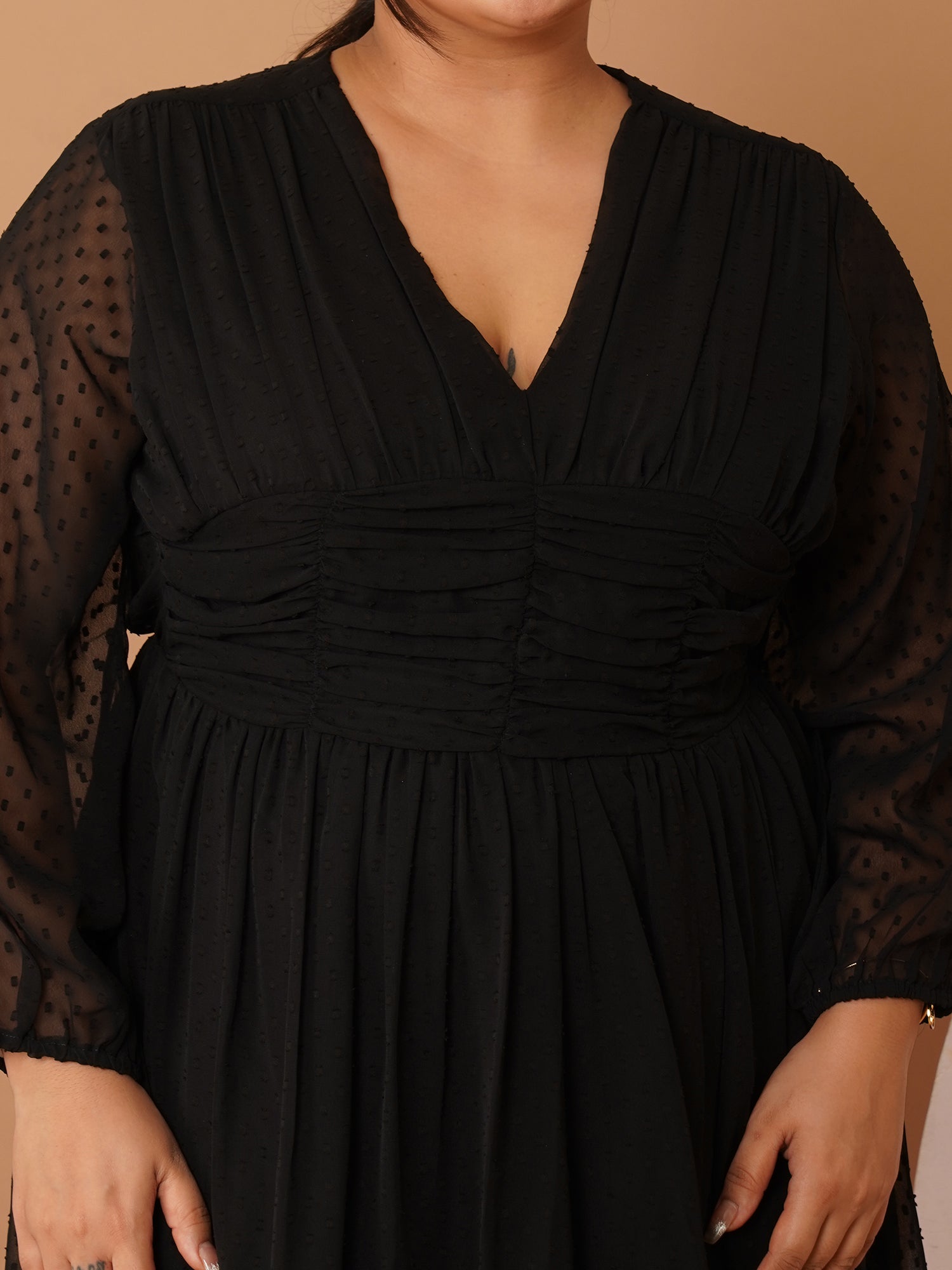 U&F Beyond Plus-Size Black Georgette Swiss-Dot Midi Dress | V-Neck, Sheer Sleeves, Ruched Empire Waist