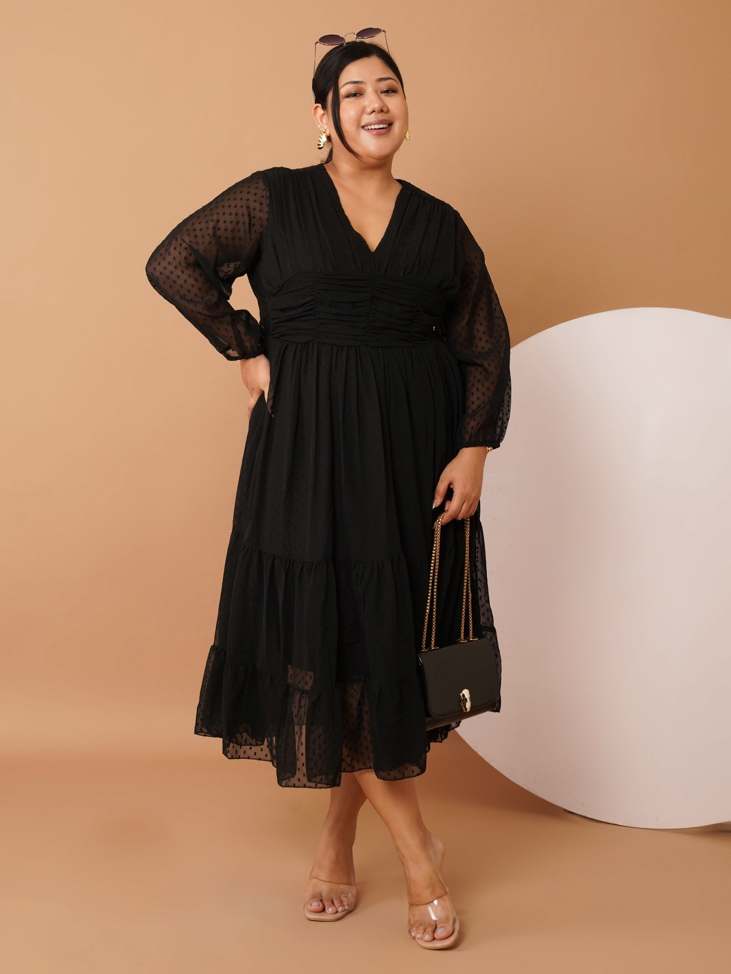 U&F Beyond Plus-Size Black Georgette Swiss-Dot Midi Dress | V-Neck, Sheer Sleeves, Ruched Empire Waist