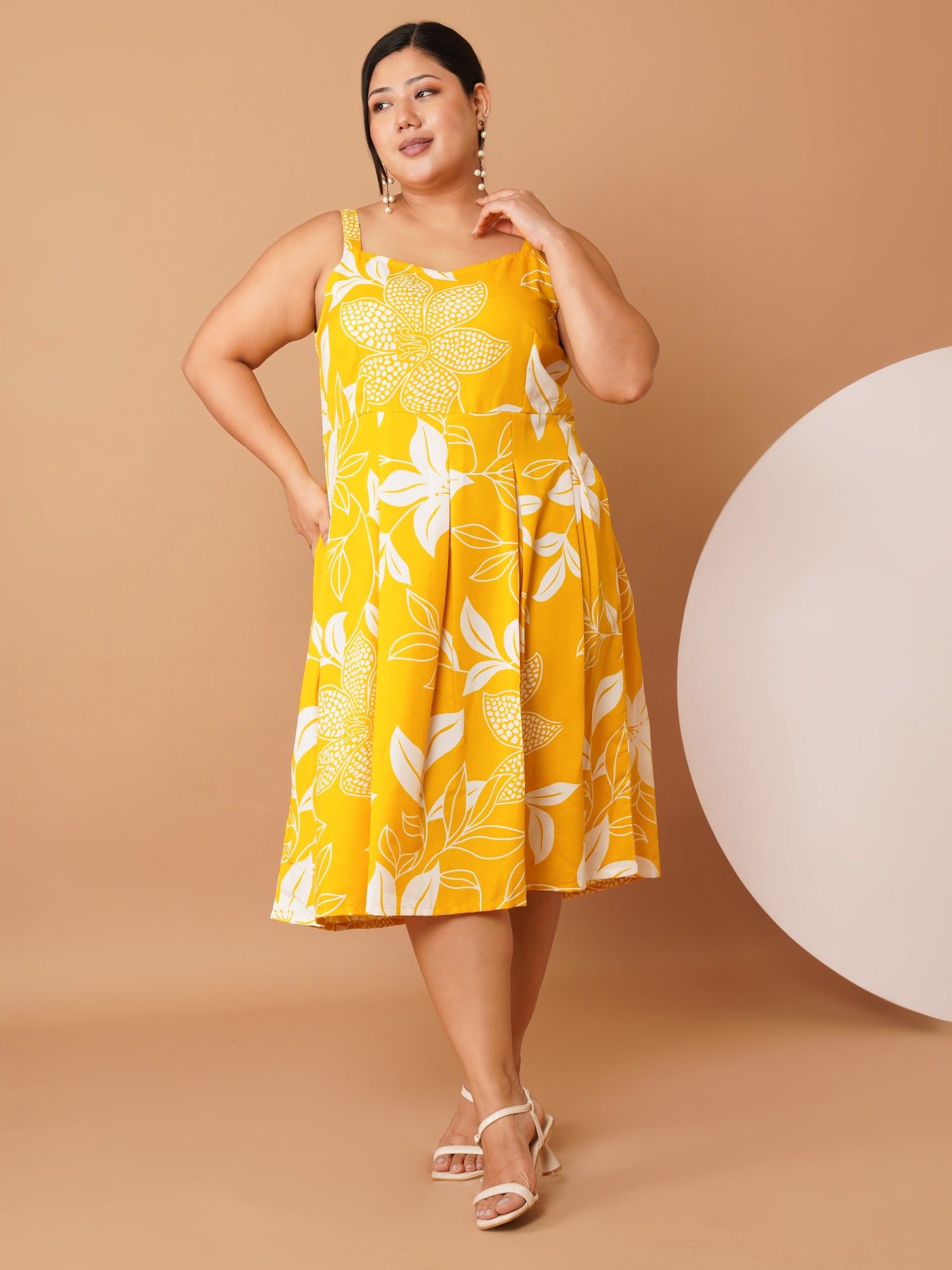 U&F Beyond Plus Size Yellow Floral Cotton Midi Dress | Sleeveless Strap, Scoop Neck, Fit & Flare