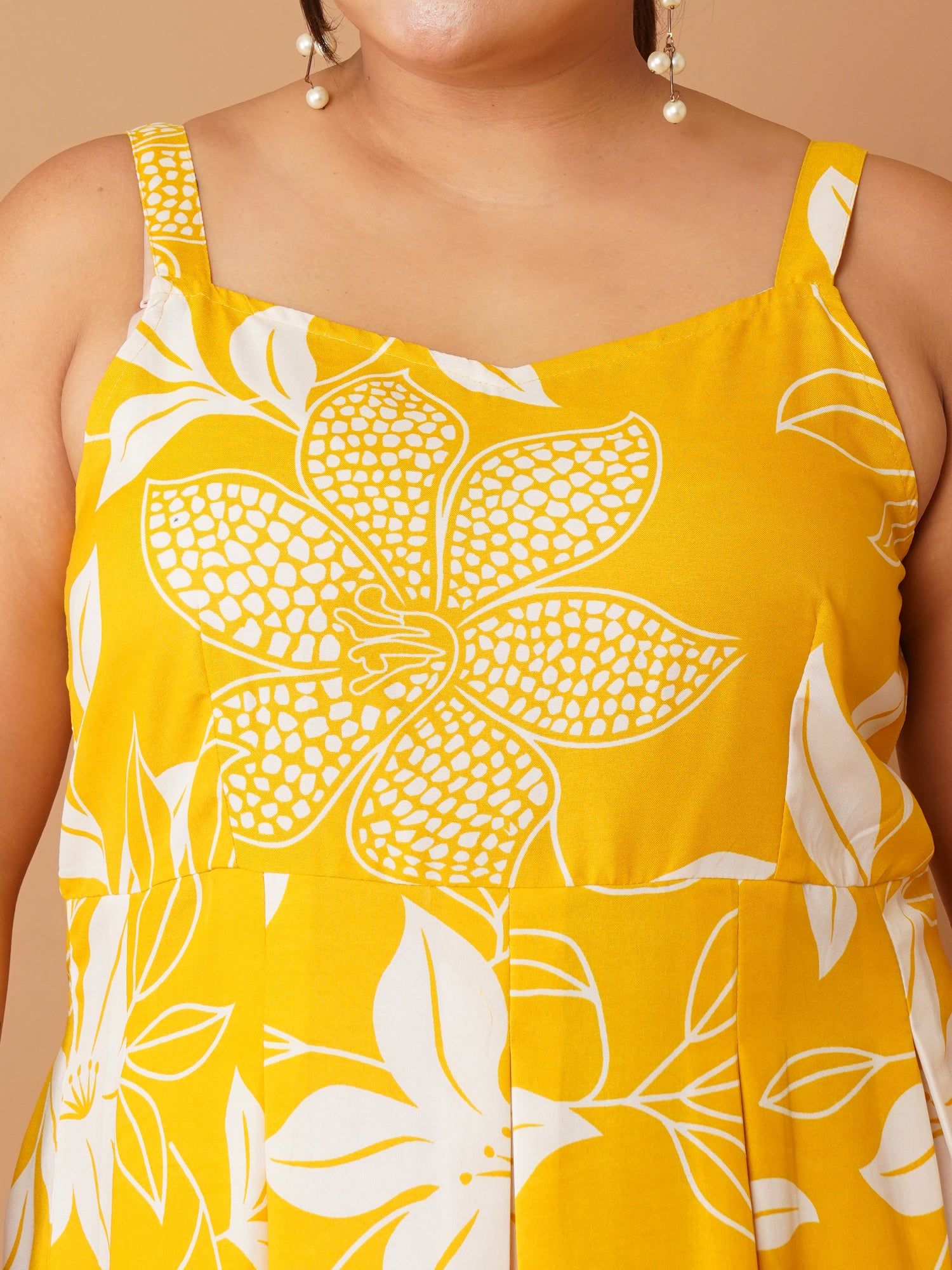 U&F Beyond Plus Size Yellow Floral Cotton Midi Dress | Sleeveless Strap, Scoop Neck, Fit & Flare