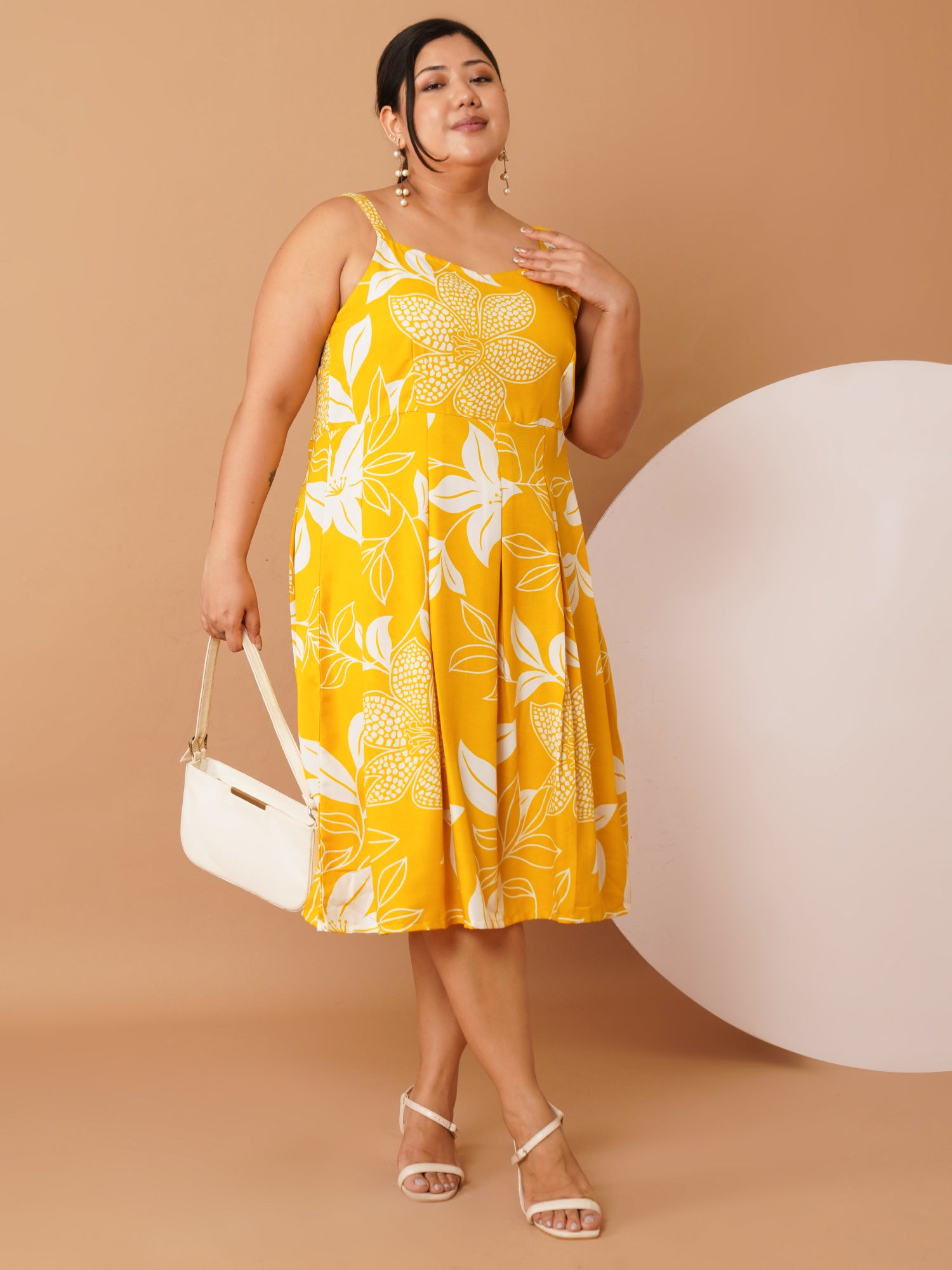 U&F Beyond Plus Size Yellow Floral Cotton Midi Dress | Sleeveless Strap, Scoop Neck, Fit & Flare