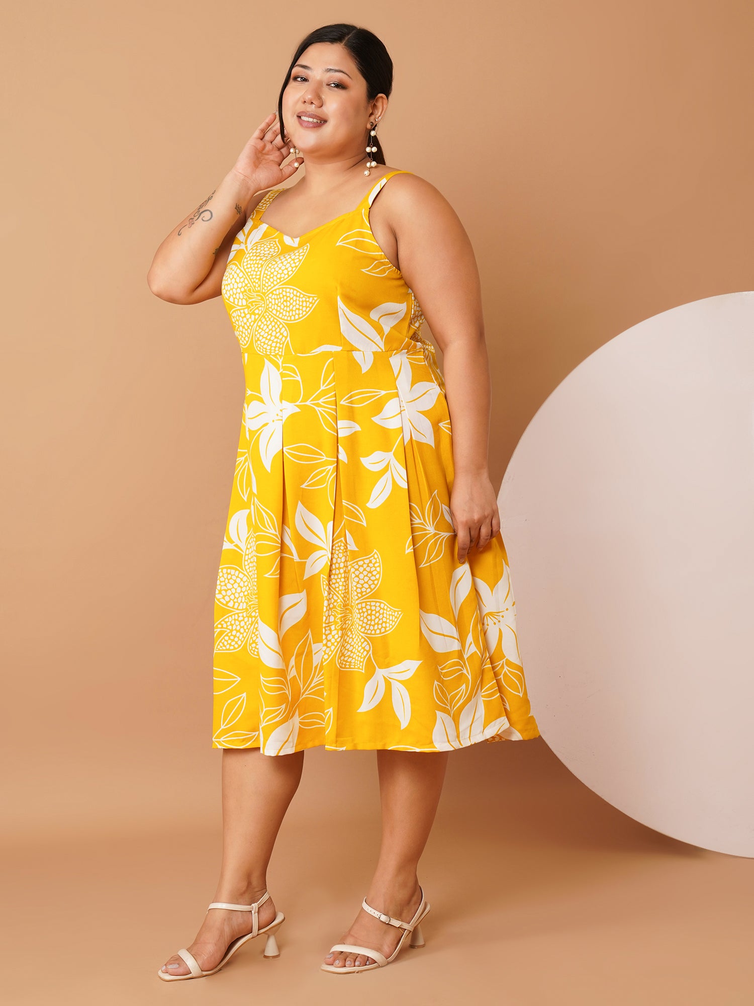 U&F Beyond Plus Size Yellow Floral Cotton Midi Dress | Sleeveless Strap, Scoop Neck, Fit & Flare