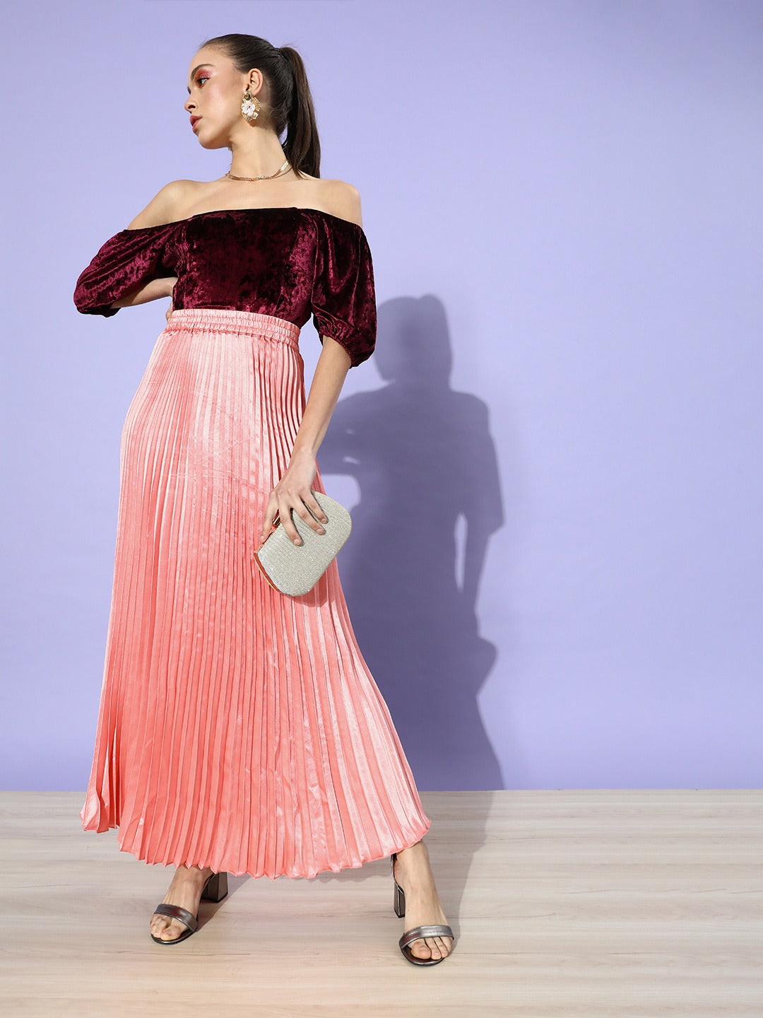 Women Pretty Pink Solid Pleated Skirt Pink 28