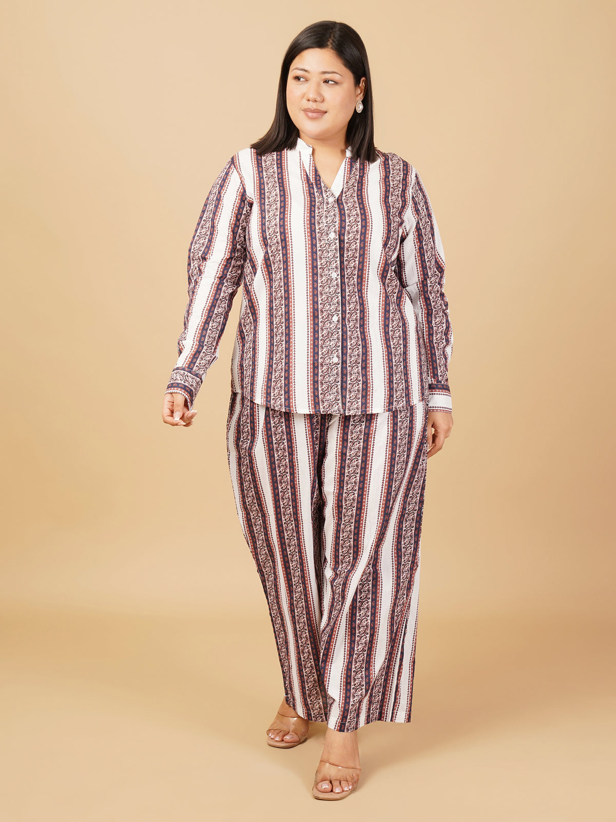 U&F Beyond Women Plus Size 100% Cotton Striped Printed Co-Ord Set with Shirt Top & Wide Leg Trouser